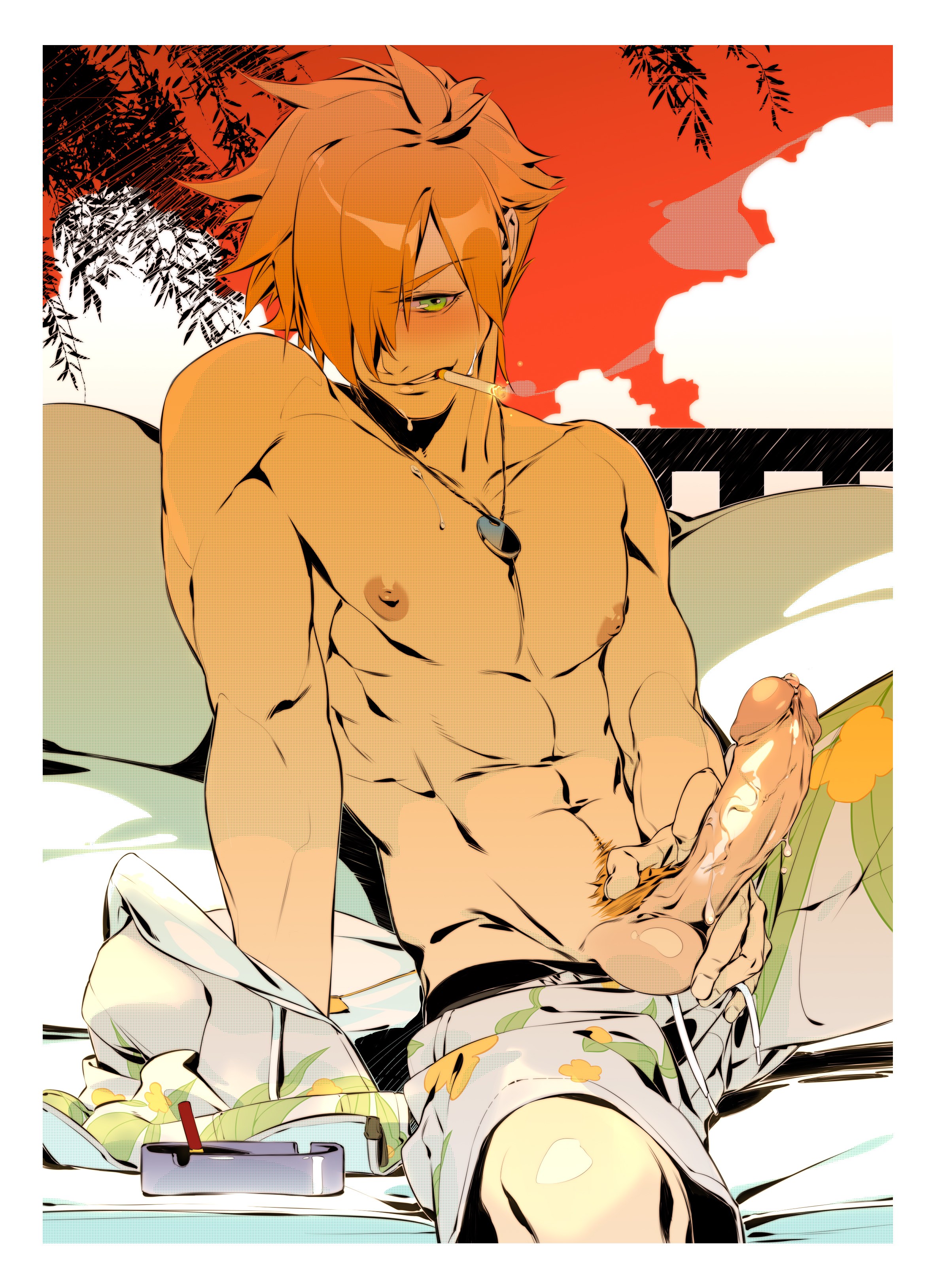 1boy, chiizu namasu, cigarette, erection, fate (series), fate/grand order, green eyes, hair over one eye, limited palette, male, male only, masturbation, muscular, orange hair, outside, penis, penis out, robin hood (fate), smoking, topless