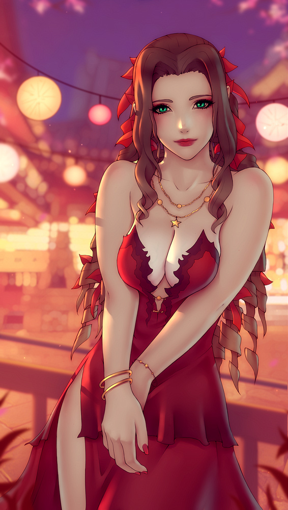 1girls, 2020, aerith gainsborough, blurry background, blush, bracelet, breasts, brown hair, cleavage, dress, drill hair, female, female focus, final fantasy, final fantasy vii, fingernails, green eyes, jewelry, lips, long dress, long hair, looking at viewer, makeup, medium breasts, nail polish, necklace, red dress, red nail polish, red nails, solo, soranamae, strapless, strapless dress, veiny breasts