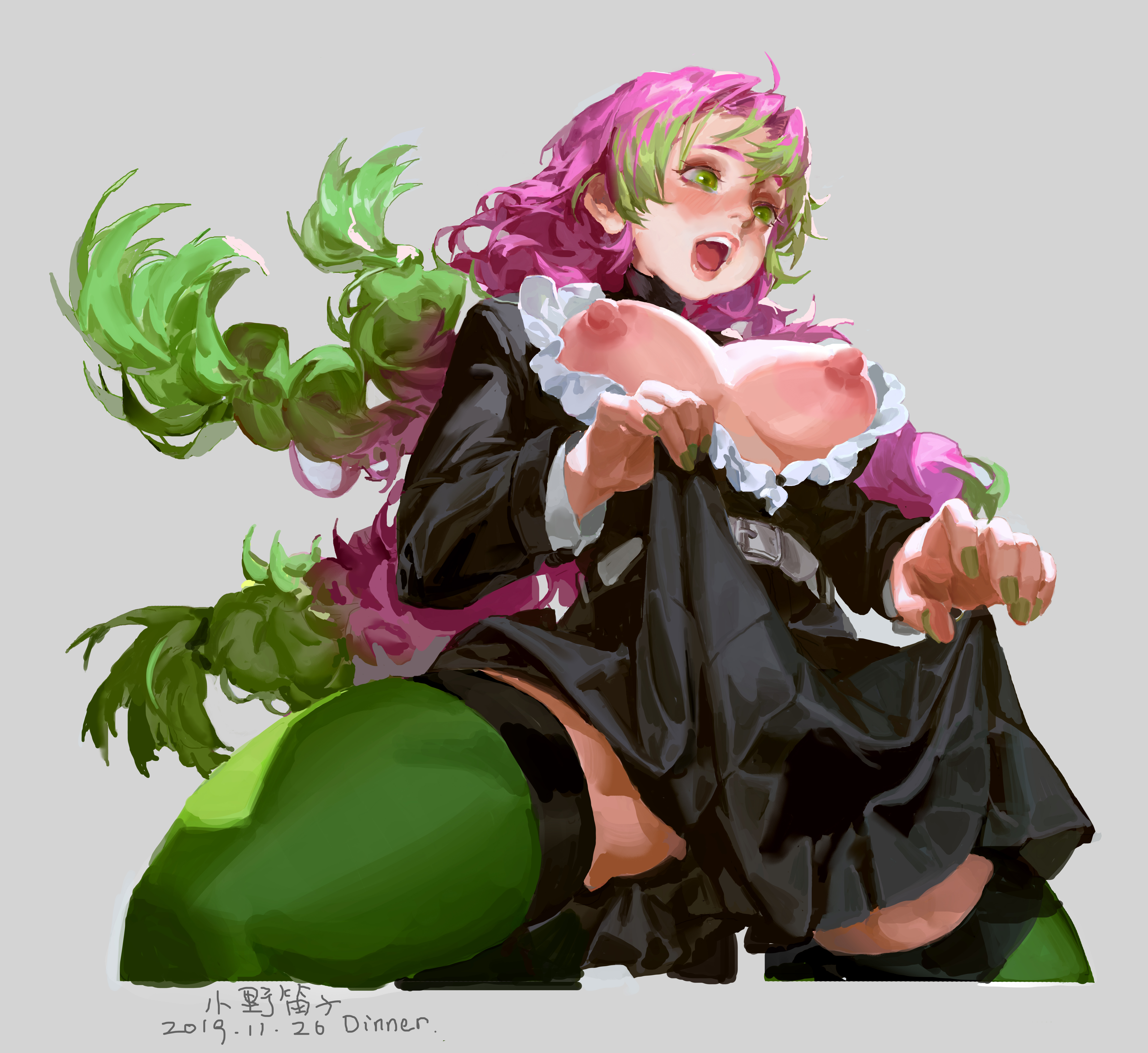 1girls, big nipples, blush, braided hair, breasts, breasts out, clothing, demon slayer, female, female only, green eyes, green nails, kanroji mitsuri, kimetsu no yaiba, long hair, long sleeves, nail polish, nipples, ono dizi, open mouth, open shirt, painting (artwork), pink hair, pink-haired female, skirt lift, solo, spread legs, squatting, thick thighs, thighhighs, two-tone hair