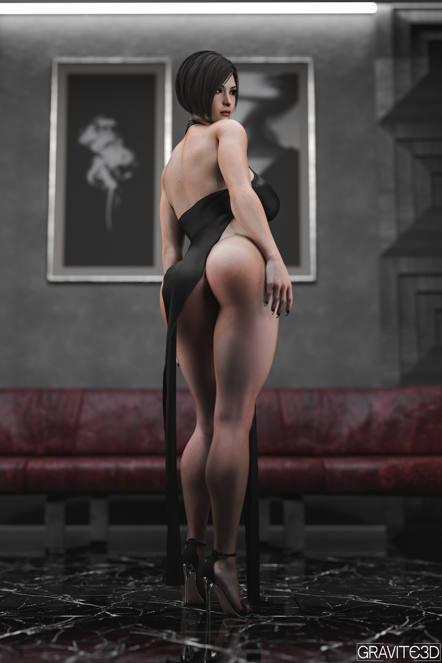 3d, ada wong, ada wong (adriana), ass, bare legs, black hair, breasts, bubble ass, bubble butt, capcom, daz studio, daz3d, dress, female, full body, gravite3d, high heels, resident evil, resident evil 2, resident evil 2 remake, short hair, sideboob, skimpy, skimpy clothes, skimpy dress, standing, tagme, wide hips