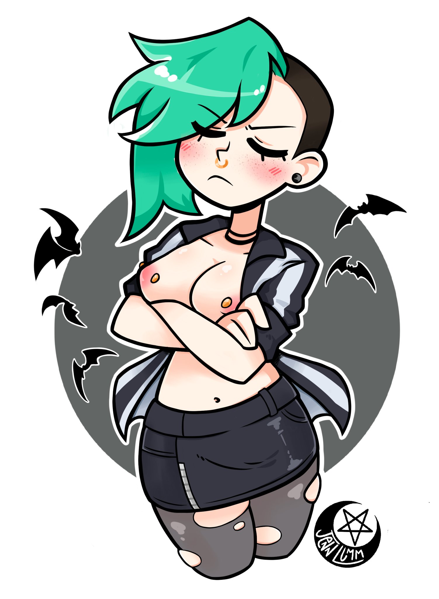 annoyed, bats, blush, breasts, dyed hair, female, goth, jennlumm, leather jacket, miniskirt, nipple piercing, nipples, open shirt, original character, piercing, ripped pantyhose, shaved side, tsundere, undercut, verdigris hair