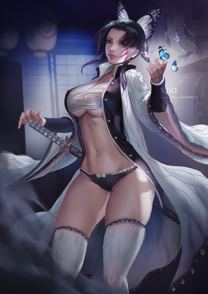 1girls, black hair, black panties, butterfly, butterfly hair ornament, cleavage, clothing, demon slayer, female, female only, haori, kimetsu no yaiba, kochou shinobu, looking at viewer, open clothes, open shirt, panties, purple eyes, purple hair, purple-haired female, realistic, sarashi, solo, sword, thick thighs, thighhighs, two-tone hair, xixi, zettai ryouiki