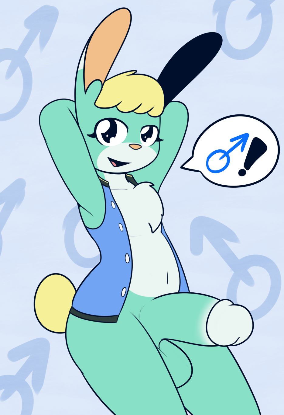 ! 2021 animal_crossing anthro balls big_penis black_eyes blonde_hair blue_clothing blue_topwear blue_vest bottomless chest_tuft clothed clothing erection front_view fur furry furry_only gender_symbol genitals girly glans green_balls green_penis hair hands_behind_head hi_res humanoid_genitalia humanoid_penis lagomorph leporid looking_at_viewer male male_only male_symbol mammal mars_symbol mr_rottson nintendo open_clothing open_mouth open_topwear open_vest partially_clothed penis pink_inner_ear pink_nose rabbit raised_arm sasha_(animal_crossing) smile solo speech_bubble symbol tail topwear tuft vest video_games white_body white_fur white_glans white_penis yellow_body yellow_fur