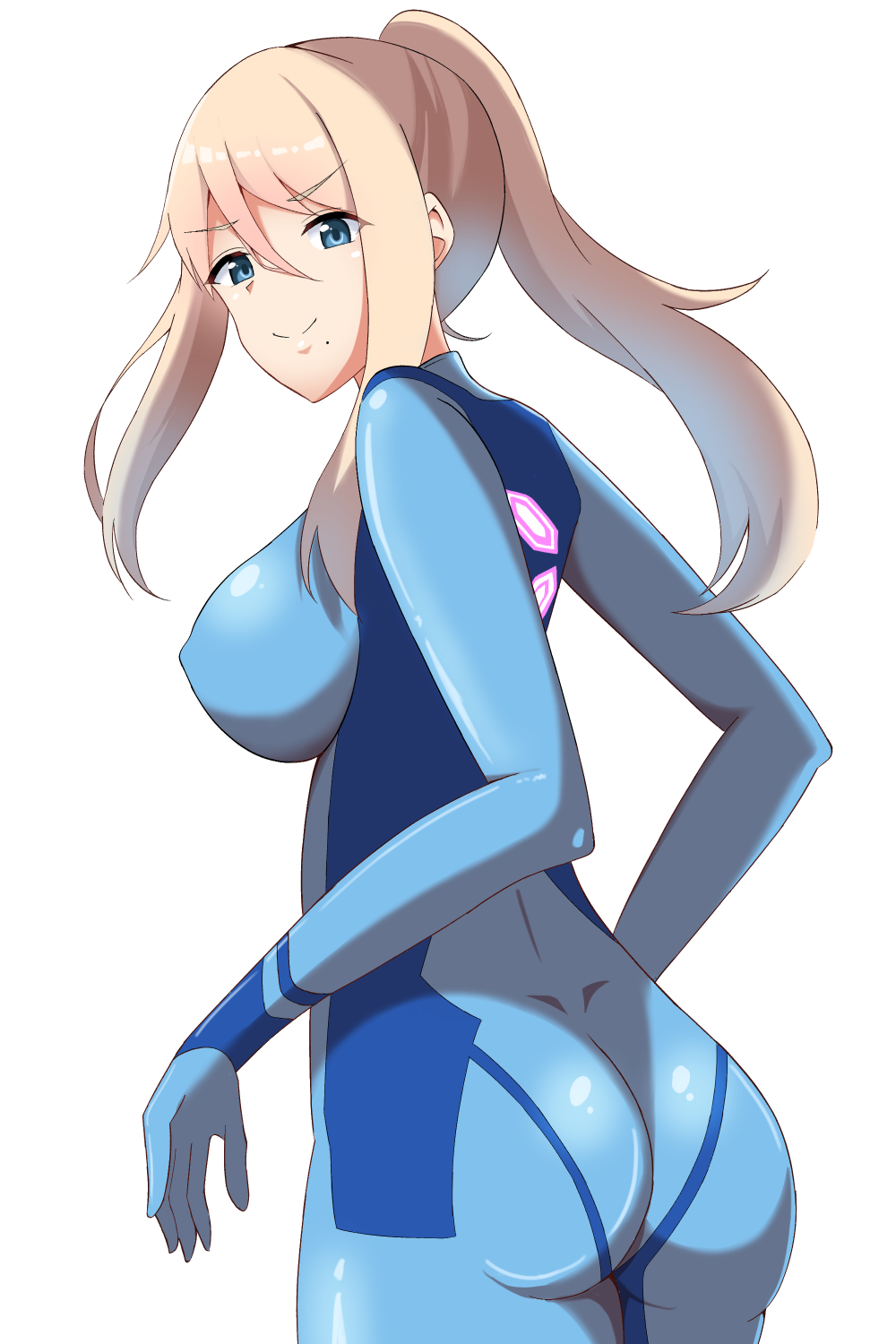 ass, ass focus, bodysuit, breasts, clothed, clothing, female, metroid, nintendo, nipples visible through clothing, samus aran, sideboob, solo, tagme, the first generation, washiro, white background, zero suit, zero suit samus