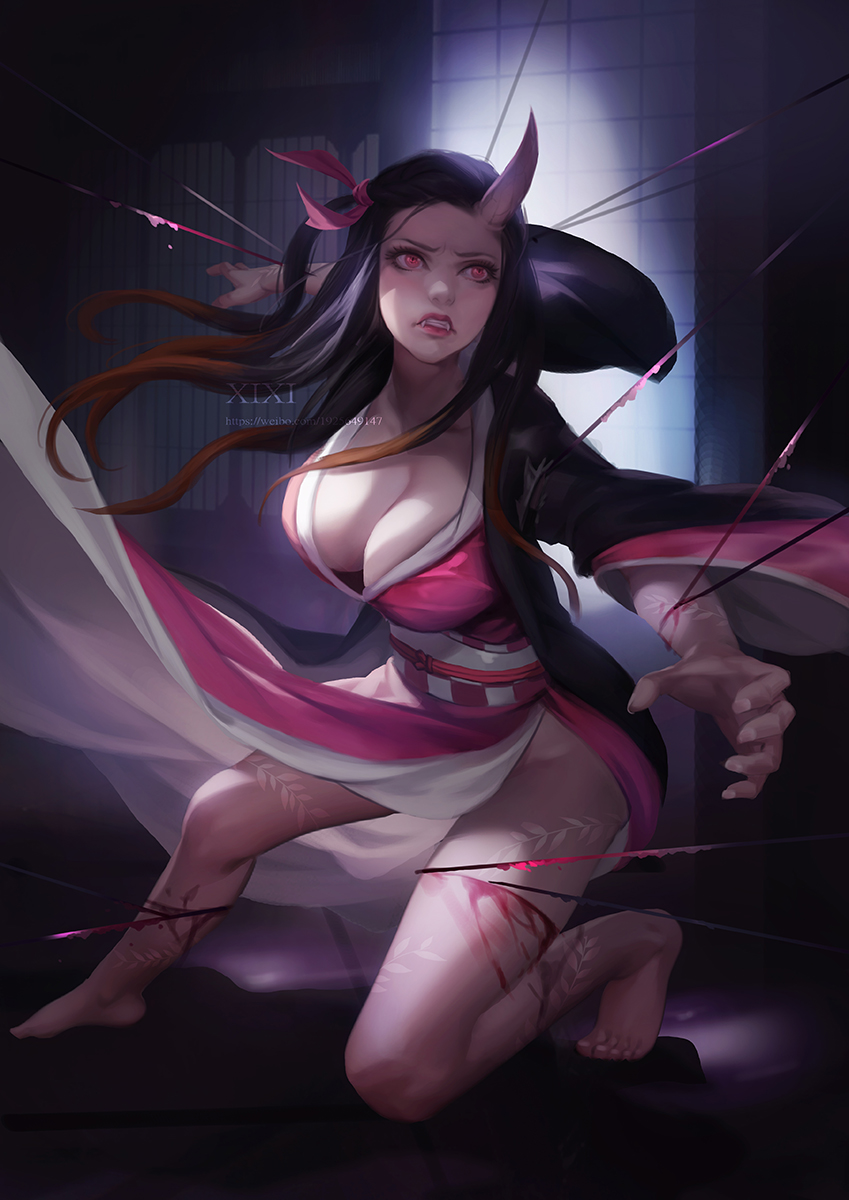 1girls, aged up, barefoot, big breasts, black hair, black-haired female, blood, body markings, breasts, cleavage, demon, demon girl, demon slayer, fangs, female, female only, hair ribbon, haori, horn, japanese clothes, kamado nezuko, kimetsu no yaiba, kimono, long hair, nezuko (demon form), obi, painting (artwork), pink eyes, realistic, solo, two-tone hair, xixi