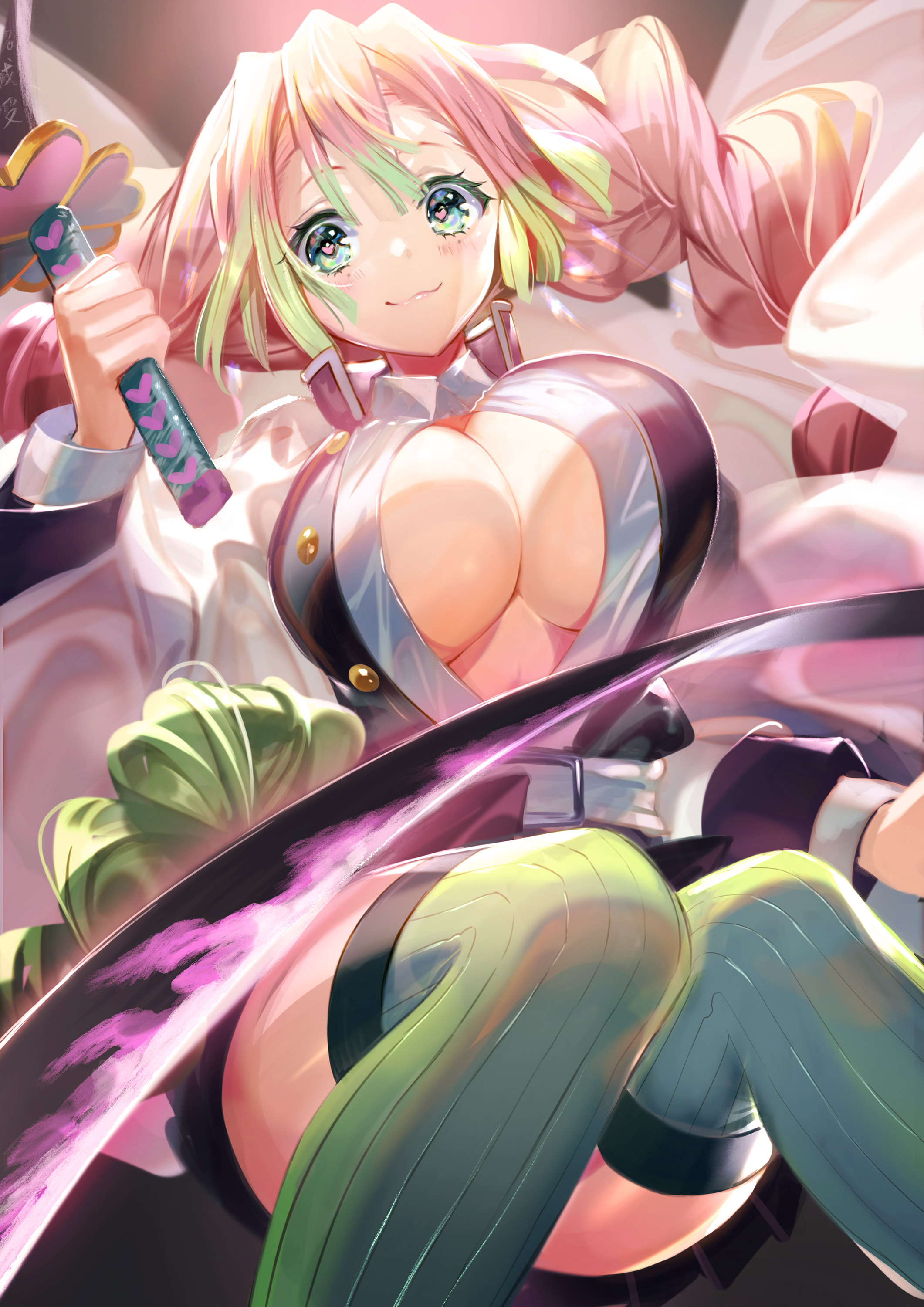 :3, 1girls, bangs, big breasts, braided hair, breasts, cleavage, clothing, demon slayer, female, female only, green eyes, hamurekatsu, haori, heart-shaped pupils, kanroji mitsuri, kimetsu no yaiba, looking at viewer, mole under eye, no bra, open shirt, pink hair, pink-haired female, smile, solo, sword, thighhighs, two-tone hair, unbuttoned shirt