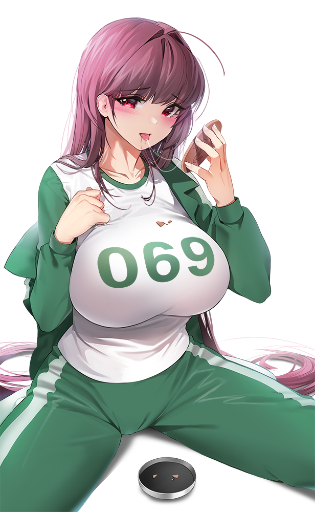 2021 69_(number) big_ass big_breasts damda fate_(series) licking netflix purple_eyes purple_hair scathach_(fate) scathach_(fate)_(all) sportswear squid_game tagme thick_thighs white_background