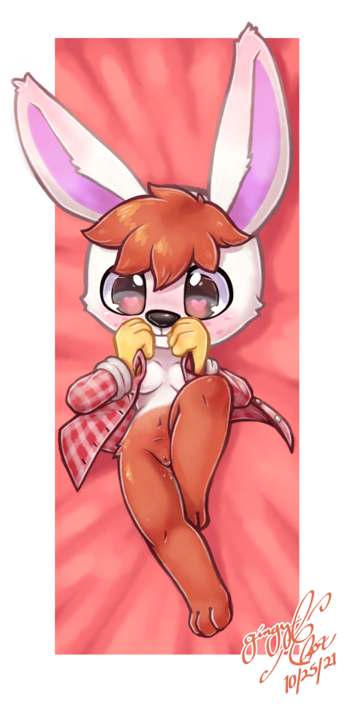 <3_eyes animal_crossing barely_visible_nipples blush bodily_fluids breasts clothing female freckles fur gabi_(animal_crossing) genital_fluids genitals gingy_k_fox heart lagomorph leporid looking_at_viewer lying mammal nintendo nipples on_back pussy rabbit red_body red_fur shirt straight_hair topwear video_games white_body white_fur