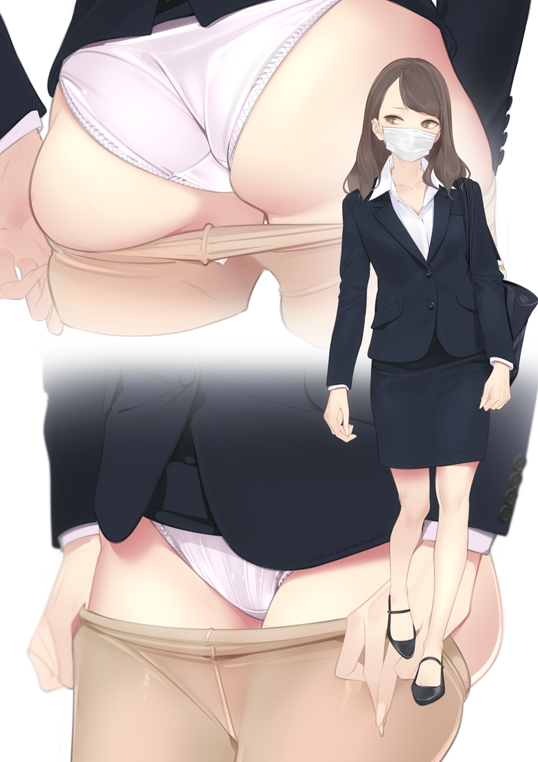 ama_mitsuki black_skirt mask office_lady panties skirt white_background