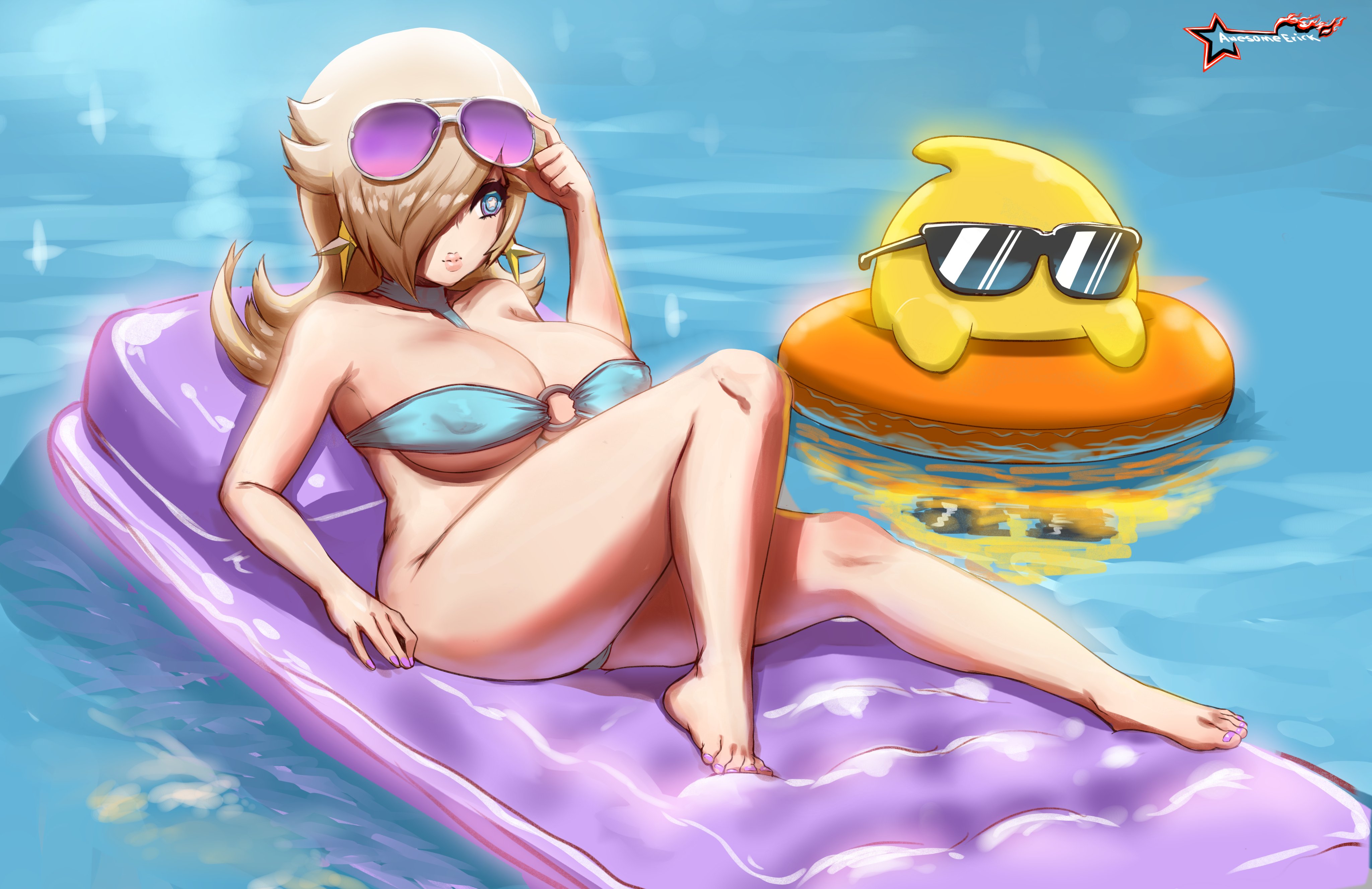 1girls, awesomeerix, bikini, blonde female, blonde hair, blue eyes, earrings, eyewear on head, female, hair over one eye, luma, mario (series), pool, princess rosalina, solo, star shaped pupils, sunglasses, sunglasses on head, super mario galaxy, tagme