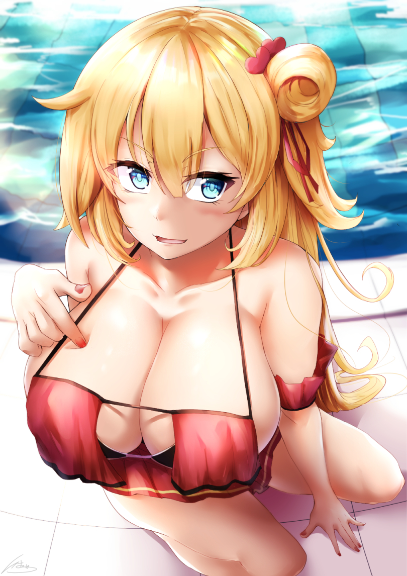 1girls akai_haato bikini blonde_hair blue_eyes blush breasts cleavage eyebrows_visible_through_hair female female_only hololive hololive_gen_1 hololive_japan huge_breasts ibara_azuki_(azk_ibr2nd) light-skinned_female light_skin pool red_bikini red_nails solo swimsuit tagme virtual_youtuber water