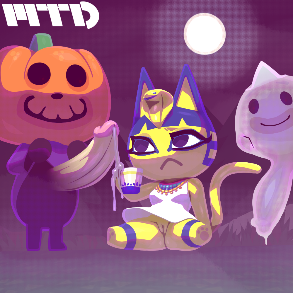 1:1 1girls 2boys animal_crossing ankha anthro big_penis bodily_fluids bottomless clothed clothing cum cum_drip cum_in_a_cup domestic_cat dripping felid feline felis female food fruit fur furry genital_fluids genitals ghost group halloween hi_res holidays jack-o'-lantern jack_(animal_crossing) male male/female mammal marthedog nintendo partially_clothed penis plant pumpkin pussy sitting smile spirit tail topwear video_games wisp_(animal_crossing)