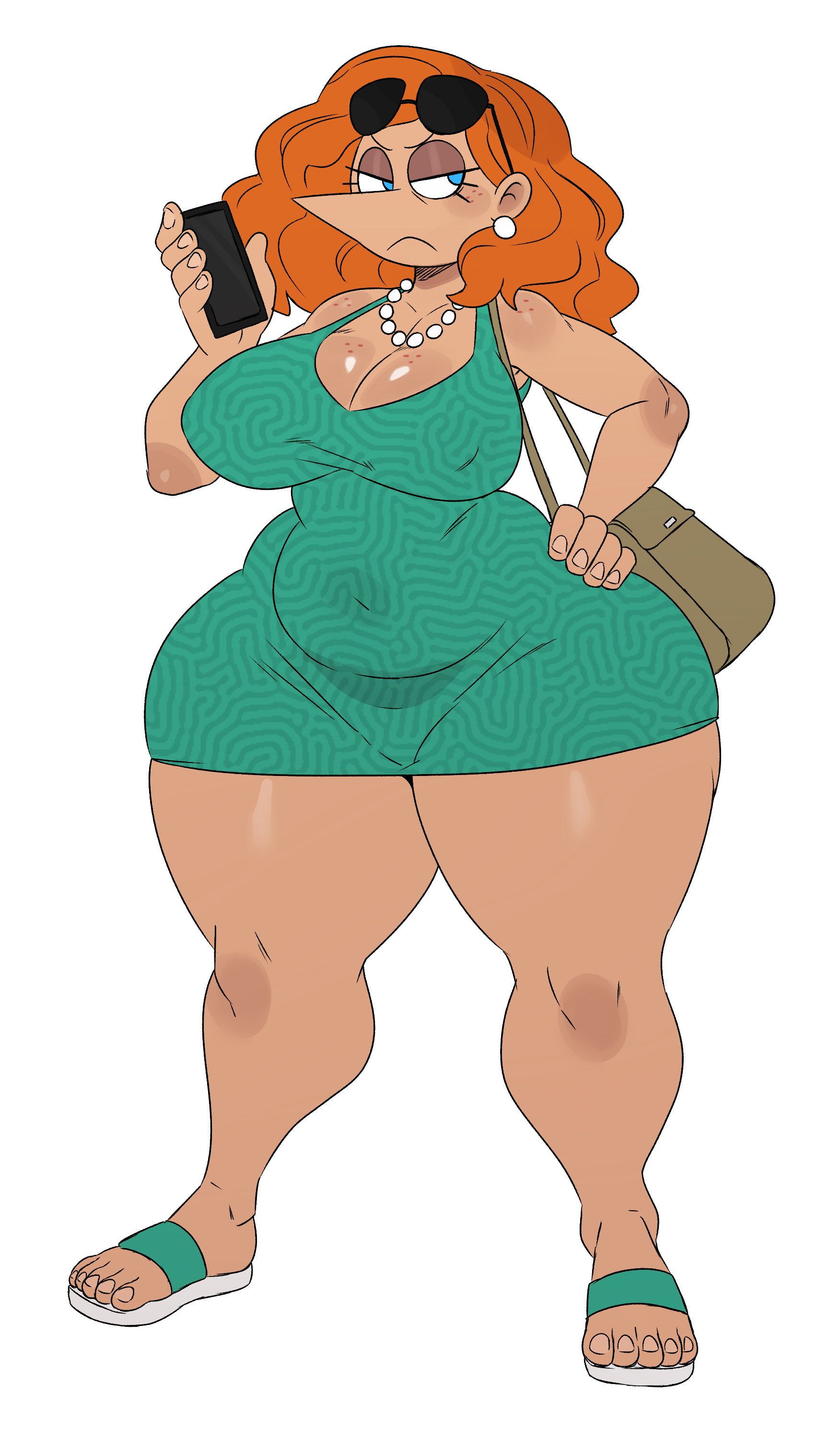 1girls, angry, ass, big ass, big breasts, big butt, big nose, blue eyes, breasts, chubby, cleavage, earrings, eyewear on head, female, female only, freckles, frown, green dress, hand on hip, handbag, huge ass, huge butt, jewelry, karen, karen (sssonic2), large ass, large breasts, light skin, long nose, mascara, mature female, medium hair, milf, no bra, orange hair, pattern clothing, pear shaped, pearl necklace, phone, pointy nose, purse, red hair, sandals, short dress, sleeveless, smartphone, sssonic2, sundress, sunglasses, sunglasses on head, thick thighs, thunder thighs, tight clothing, tight dress, voluptuous, wavy hair, white background, wide hips