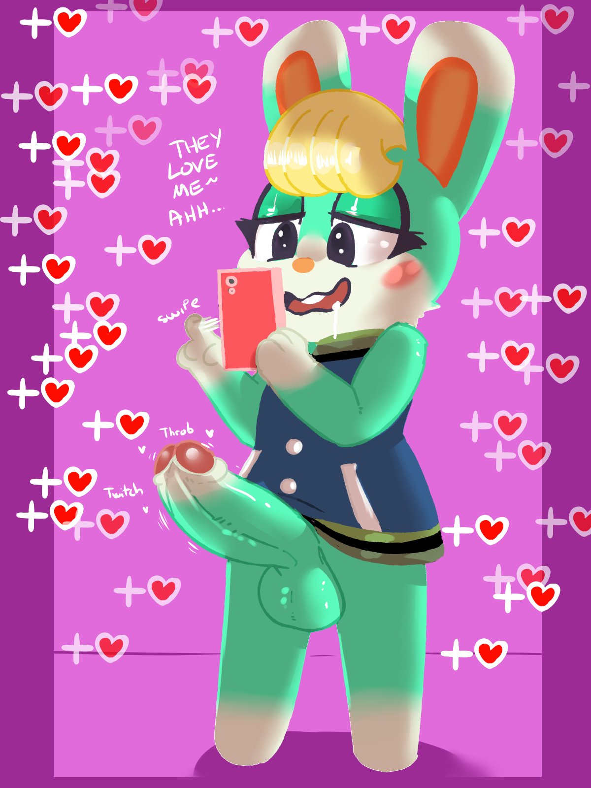 1boy 3:4 animal_crossing anthro balls big_penis bodily_fluids cellphone drooling femboy fur genitals green_body green_fur hi_res huge_cock lagomorph large_balls male male_anthro male_only mammal nintendo penis percey phone saliva sasha_(animal_crossing) solo solo_male throbbing video_games