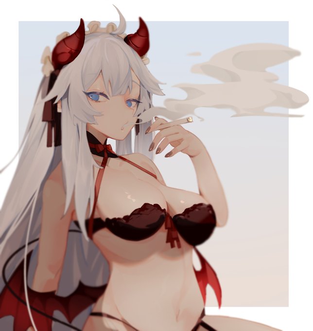 ahoge, big breasts, blue eyes, breasts, busty, cigarette, demon, eyebrows visible through hair, female, horn, horns, lingerie, long hair, maid headdress, painted fingernails, painted nails, simple background, smoking, succubus, tail, veibae, virtual youtuber, vshojo, white background, white hair, wings
