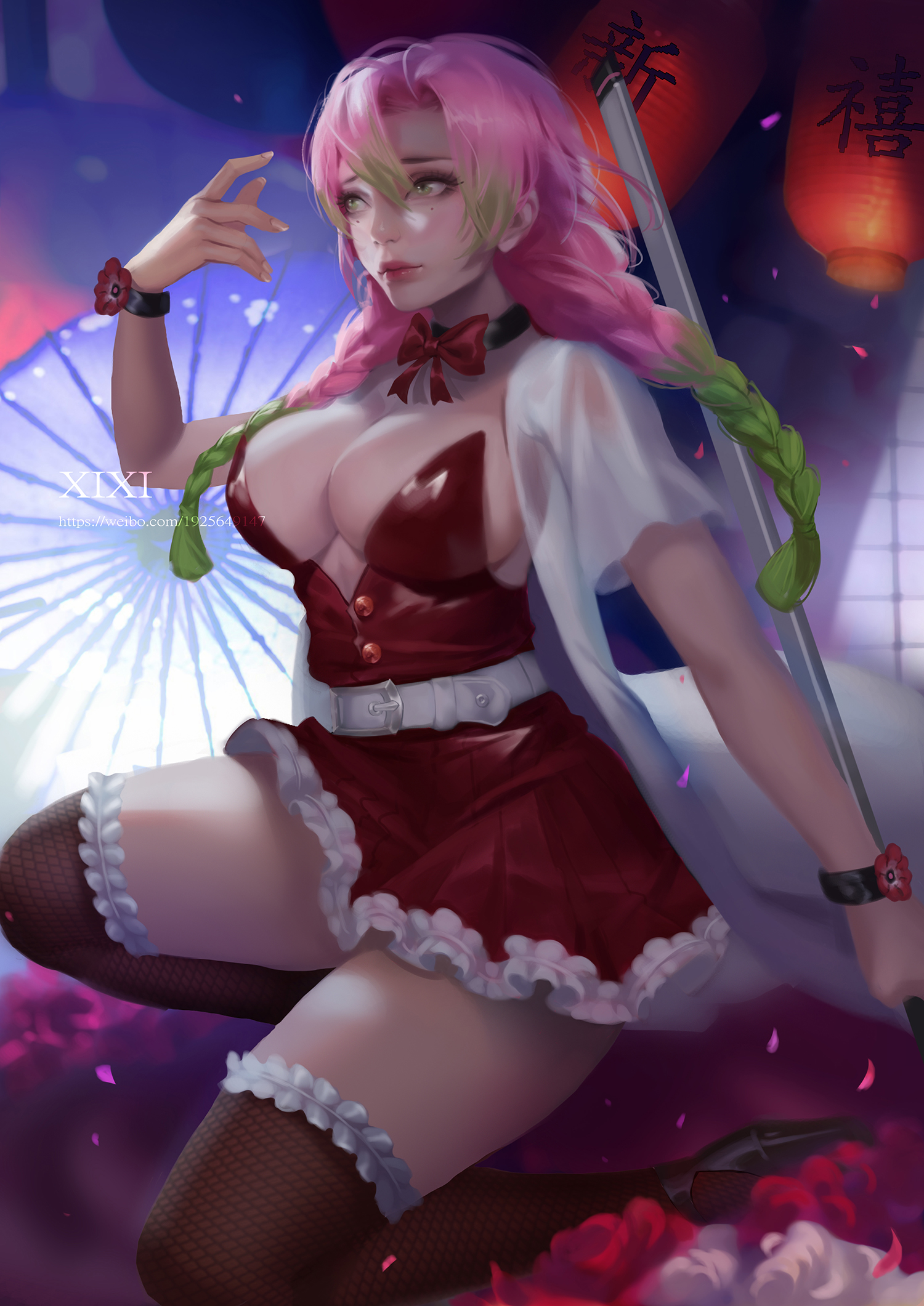 1girls, alternate costume, bangs, big breasts, bracelets, braided hair, breasts, choker, cleavage, clothing, demon slayer, female, female only, fishnet thighhighs, fishnets, frilled legwear, frilled skirt, frills, green eyes, kanroji mitsuri, kimetsu no yaiba, long hair, mole under eye, neck ribbon, pink hair, pink-haired female, pleated skirt, realistic, solo, sword, thick thighs, thighhighs, two-tone hair, wrist cuffs, xixi