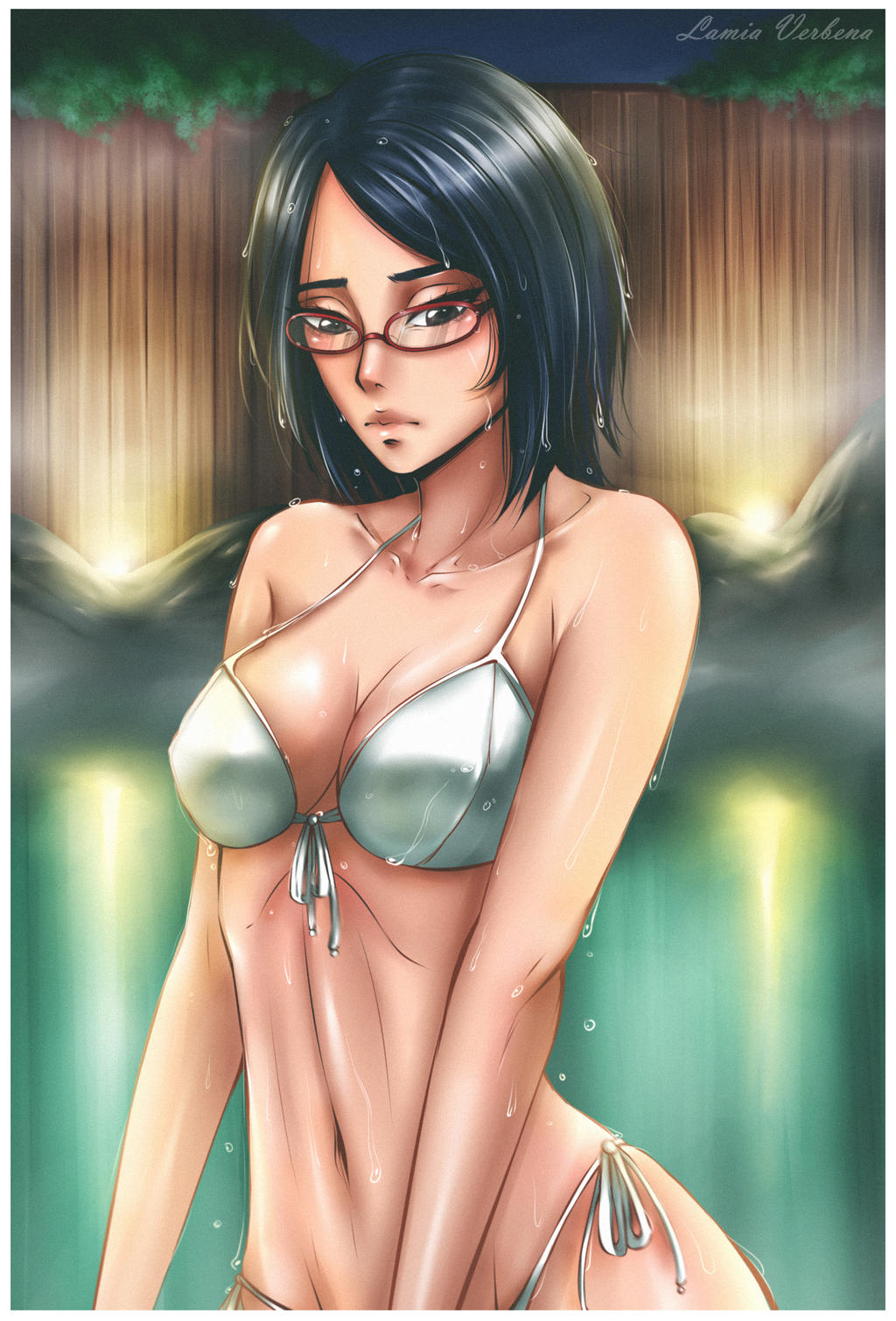 1girls, abs, alternate hair length, belly button, bikini, bikini bottom, bikini top, black hair, blush, bob cut, boruto: naruto next generations, breasts, cleavage, erect nipples, erect nipples under clothes, female, female focus, female only, g-string, glasses, half-closed eyes, hot spring, lamiaverbena, light skin, light-skinned female, medium breasts, medium hair, narrowed eyes, naruto, naruto (series), nipple bulge, nipples, outdoors, perky breasts, pinup, sarada uchiha, shoulder length hair, shounen jump, solo, solo focus, striped panties, swimsuit, teenager, thick thighs, thighs, thong, toned, toned female, voluptuous, wet, white bikini, white swimsuit, white thong, wide hips