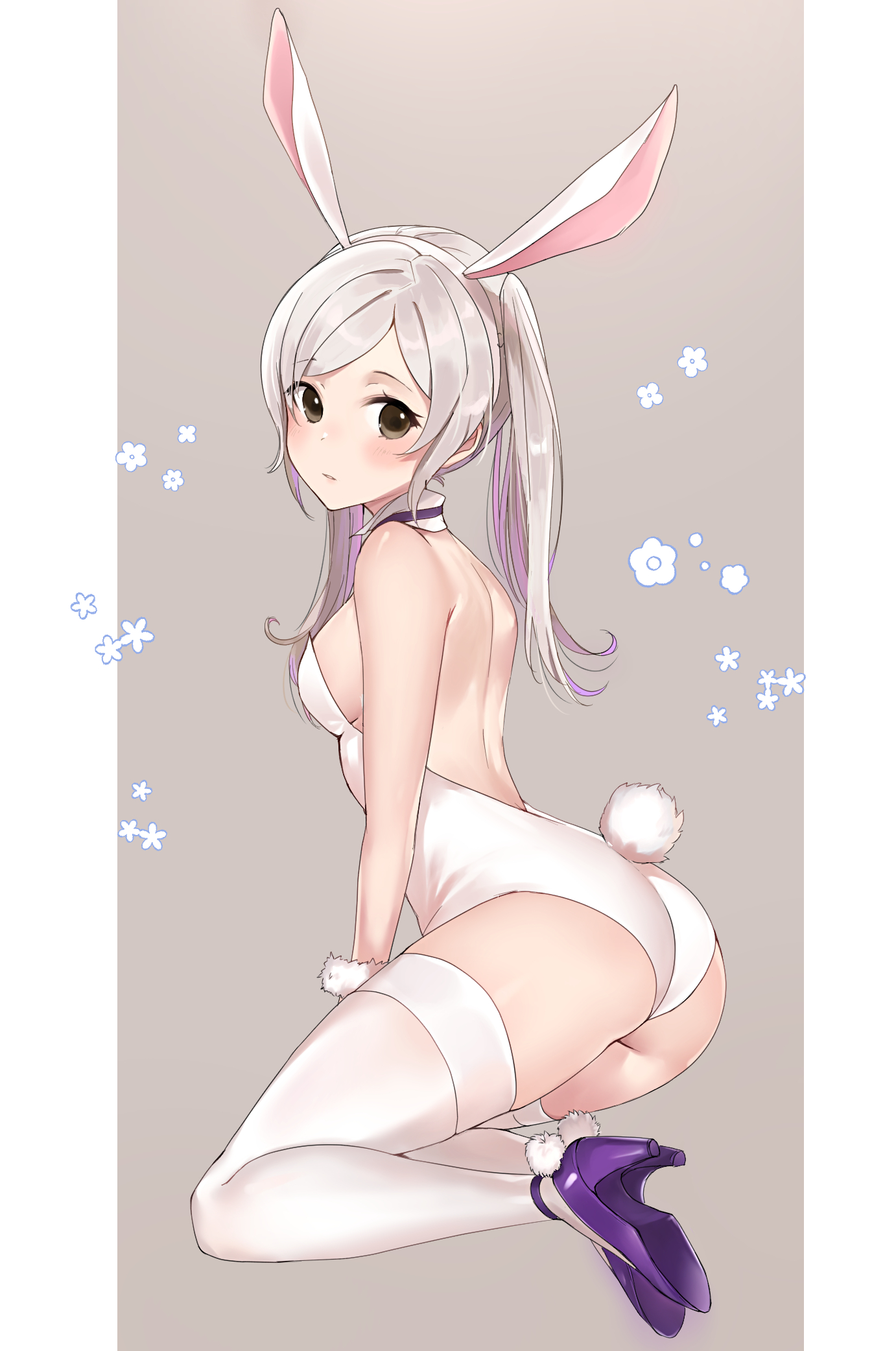 1girls, alternate costume, animal ears, ass, back, back view, backless outfit, bare back, big ass, blush, breasts, brown eyes, bunny ears, bunny girl, bunny tail, bunnysuit, detached collar, fake animal ears, fake tail, female, fire emblem, fire emblem awakening, from side, full body, fur cuffs, grey hair, haru (nakajou-28), high heels, highres, kneeling, leotard, long hair, looking at viewer, looking back, medium breasts, nintendo, parted lips, purple footwear, rabbit ears, rabbit tail, robin (fire emblem), robin (fire emblem) (female), sideboob, solo, tail, thighhighs, thighs, twintails, white hair, white legwear, white leotard, wrist cuffs