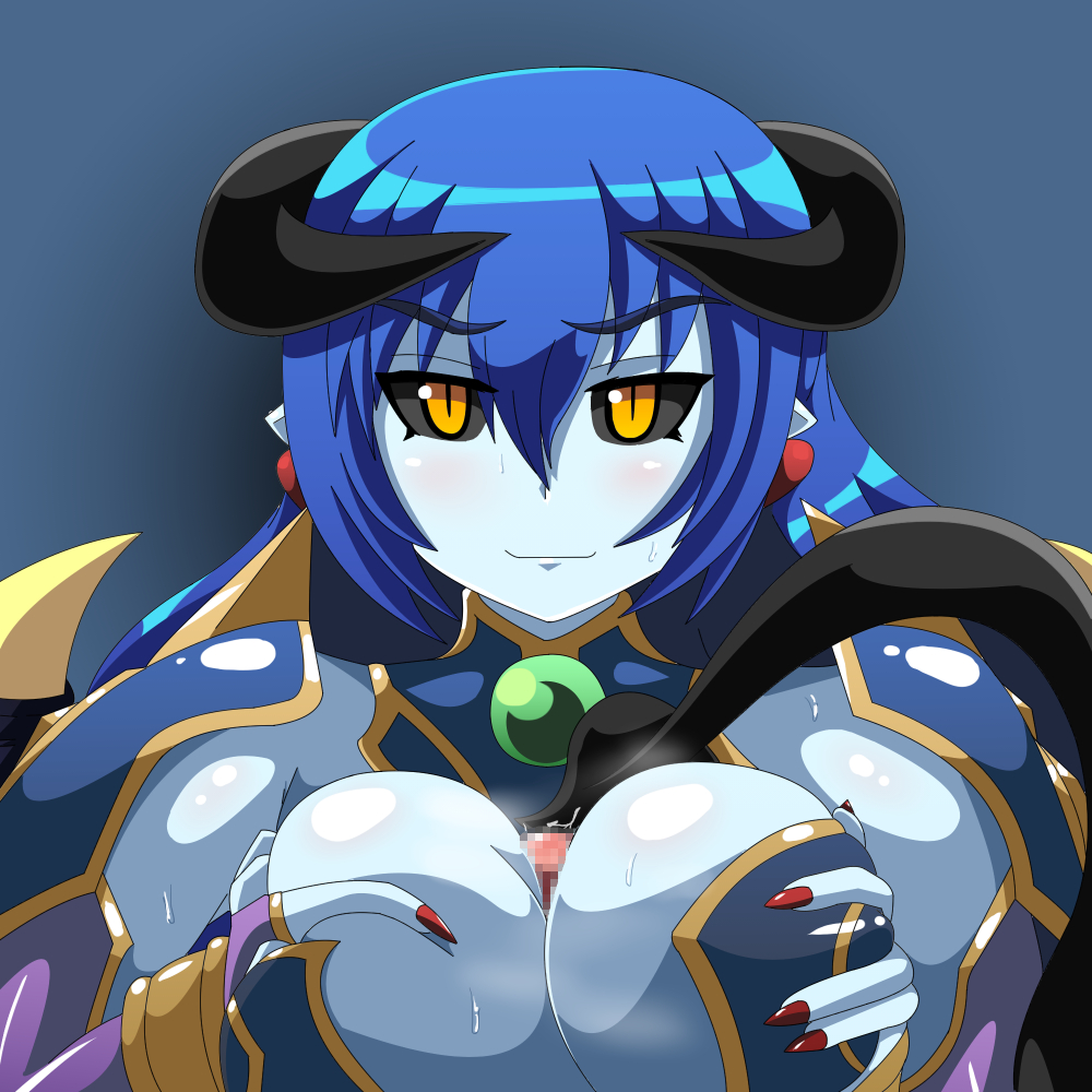 1:1 1boy 1girls astaroth astaroth_(shinrabanshou) big_breasts blue_body blue_skin breast_play breast_squeeze breast_squish breasts demon demon_humanoid duo faceless_male female gaoka genitals horn horned_humanoid human humanoid looking_at_viewer male male/female mammal paizuri penis sex squish titfuck titjob