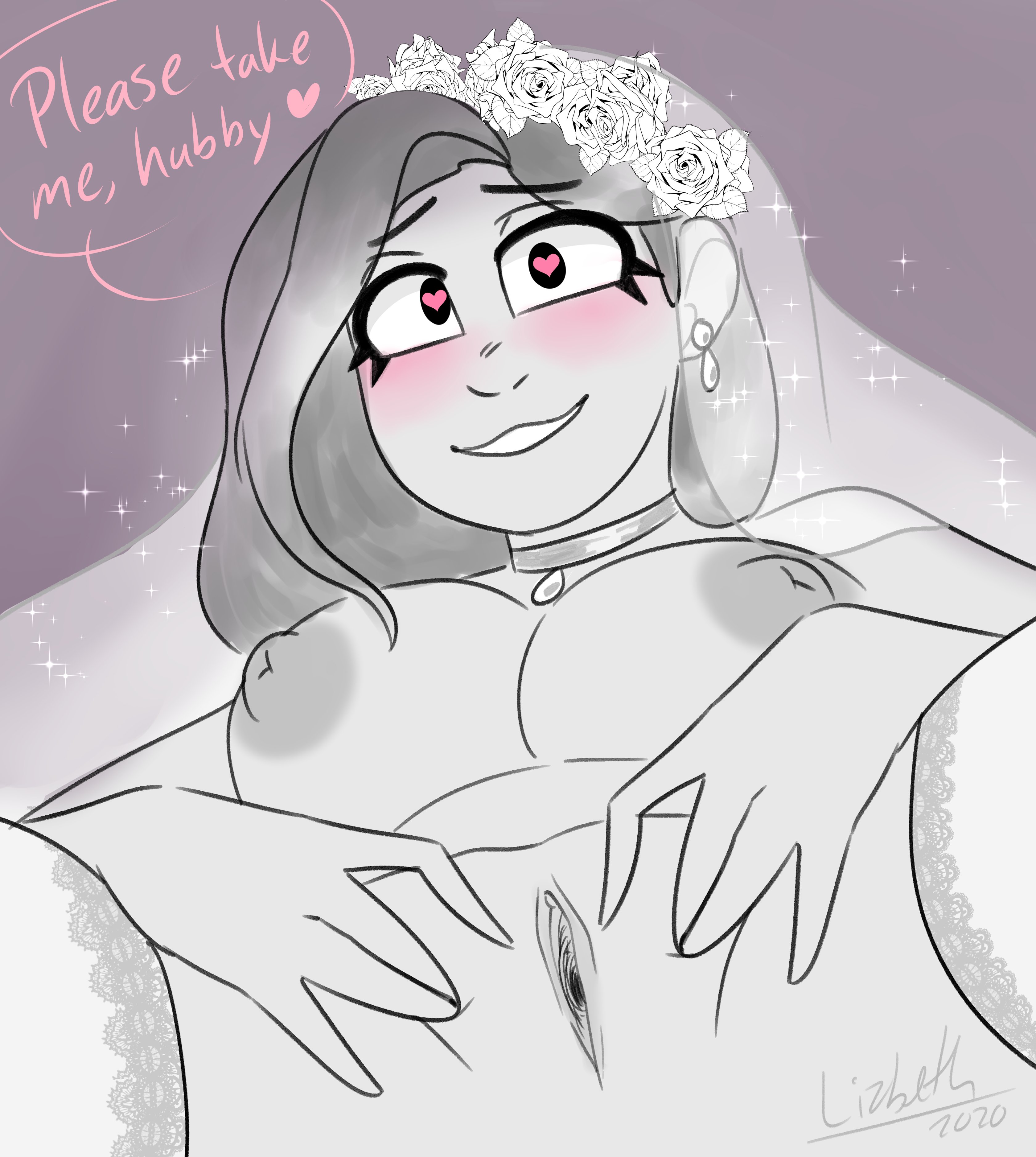 artist self-insert, breasts, clitoris, female, heart-shaped pupils, invitation, inviting, inviting to sex, lizielewddle, lizielewddle (character), nipples, peonypetals, presenting pussy, pussy, self insert, spread pussy, text, uncensored, vagina, vulva, wedding dress, wholesome