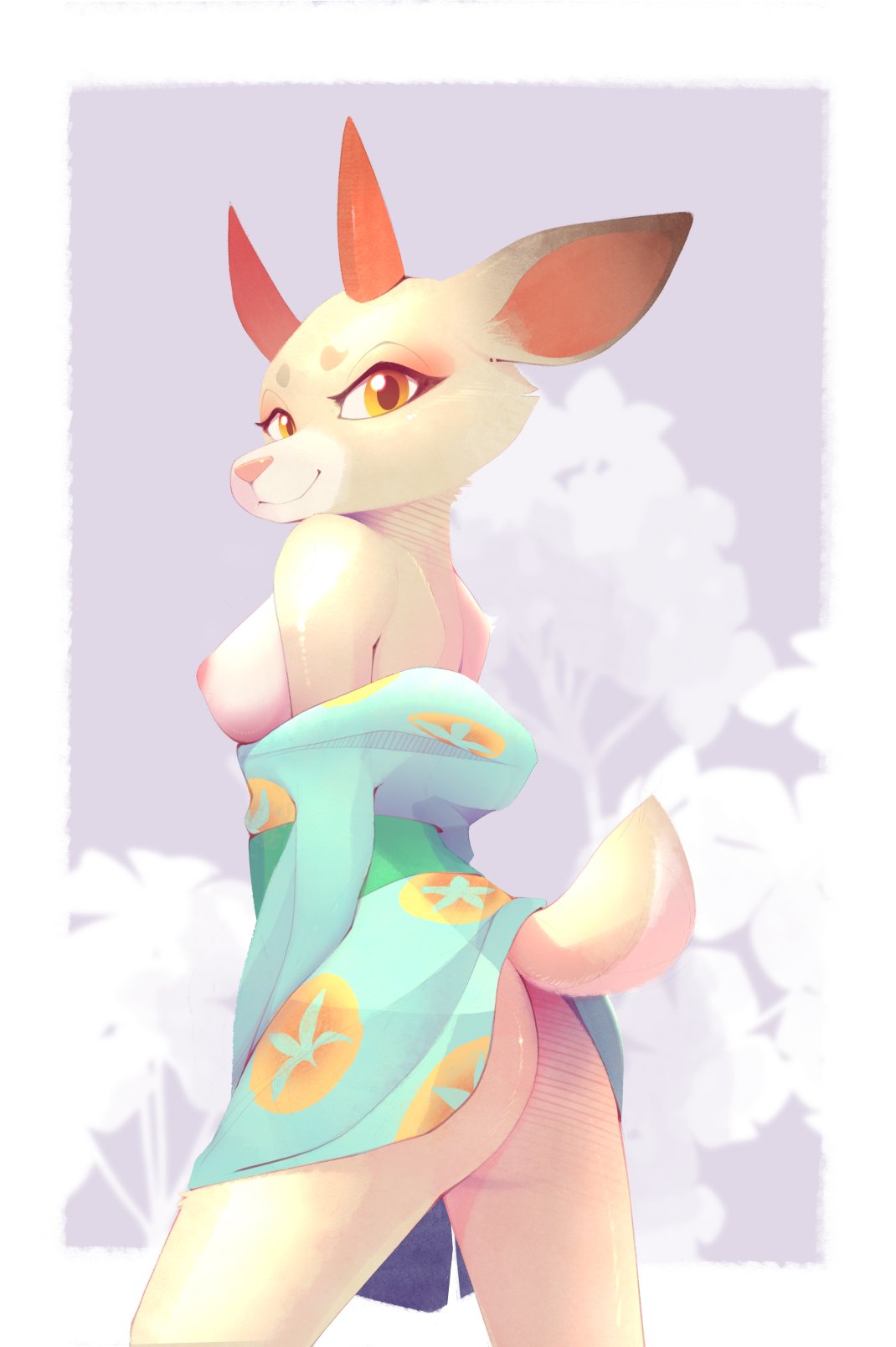 animal_crossing anthro anthro_only anthrofied areola areolae asian_clothing ass b-epon boobs breasts butt cervid clothed clothing cotton_tail digital_media_(artwork) east_asian_clothing female female_focus female_only fur hi_res horn horns japanese_clothing kimono looking_at_viewer mammal nintendo nipples orange_eyes partially_clothed pink_nipples plant presenting_ass presenting_butt presenting_hindquarters scut_tail shaded shino_(animal_crossing) short_tail smile smiling smiling_at_viewer solo tits tree video_games white_body white_fur