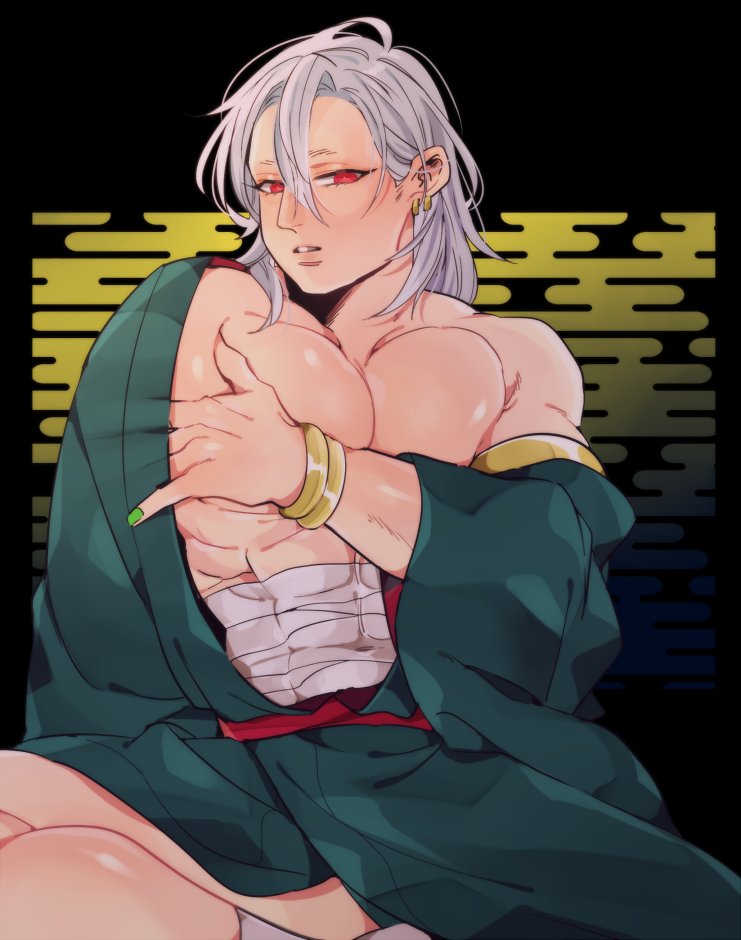 alternate costume, ambush (trap), armband, armlet, bandages, big pecs, black background, bracelet, bracelets, cleavage, demon slayer, earrings, gold (metal), hair down, japanese clothes, jewelry, kimetsu no yaiba, kimono, kyu 717, looking at viewer, male, male only, muscular, muscular male, nail polish, off shoulder, open clothes, open kimono, pecs, red eyes, sarashi, silver hair, sitting, solo, uzui tengen, white hair