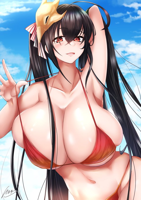 1girls azur_lane bikini black_hair breasts cute female_only giant_breasts huge_breasts ibara_azuki_(azk_ibr2nd) light-skinned_female light_skin long_hair looking_at_viewer orange_eyes sakura_empire_(azur_lane) solo taihou_(azur_lane)