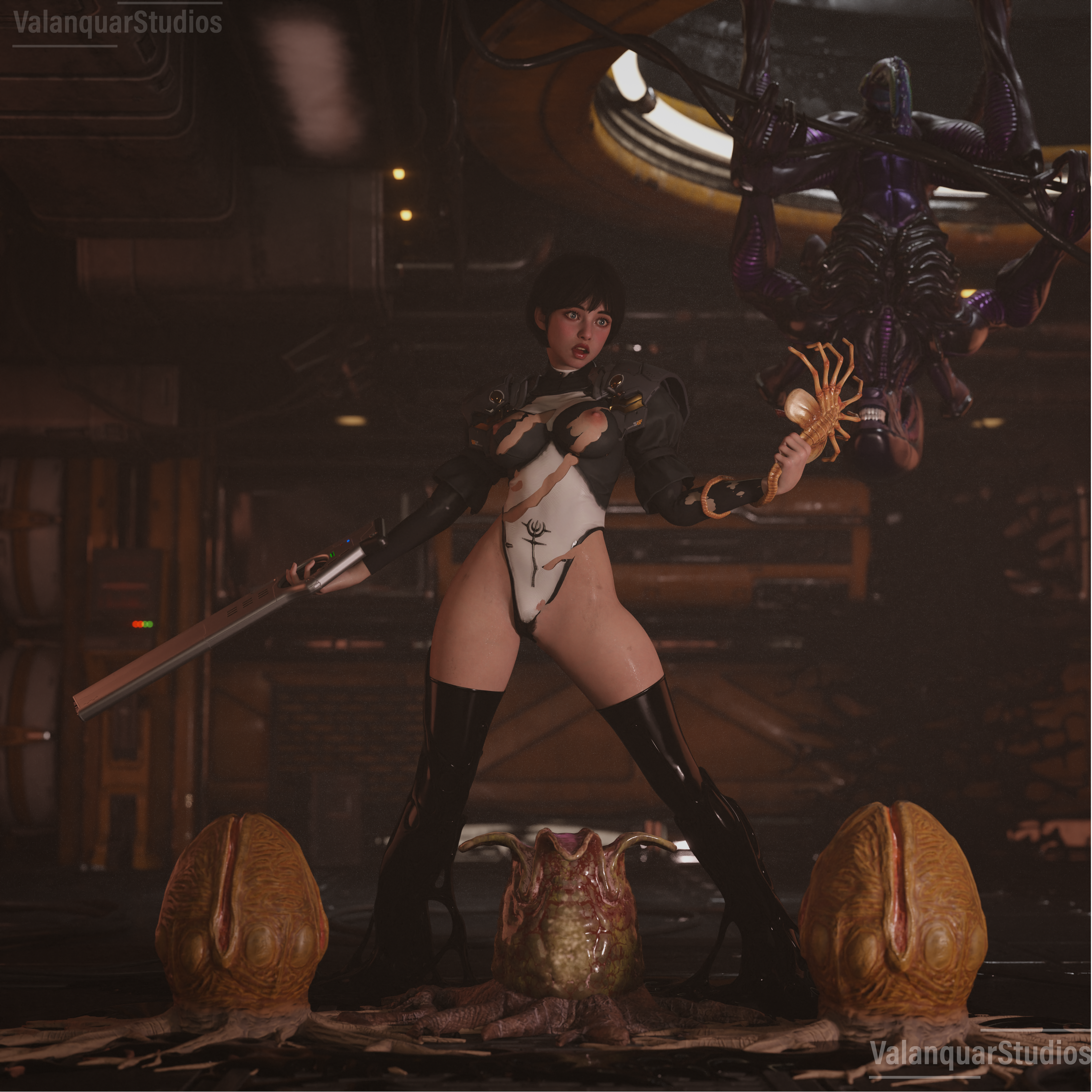 1girls, 3d, 3d (artwork), alien, alien (franchise), behind, black goo, black hair, black legwear, black thighhighs, breasts, clothing, crossover, curvy, curvy body, curvy female, damaged clothes, distress, eastern and western character, exposed breasts, exposed nipples, exposed pussy, facehugger, female, female pubic hair, fit female, foreshadowing, goop, held, heroine, high resolution, highres, hive, imminent oral, imminent penetration, imminent rape, imminent sex, interspecies, lurking, nipples, open mouth, panicked look, panicking, partially clothed, pubic hair, pubic hair peek, sci-fi, sci-fi gun, science fiction, sexy body, sexy clothing, sexy pose, shocked, shocked expression, shocked eyes, shocked face, shocked female, short hair, slime, spread legs, stuck, stuck to foot, the first descendant, thighhighs, torn clothes, torn clothing, trapped, valanquarstudios, valby (the first descendant), xenomorph, xenomorph egg