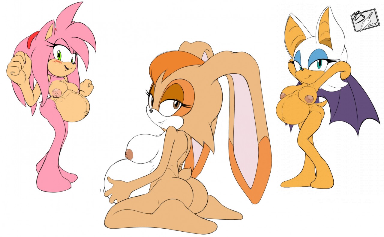aged up, amy rose, anthro, ass, bat, belly, big ass, big belly, big breasts, breasts, eulipotyphlan, female, group, hedgehog, lagomorph, leporid, looking at viewer, mammal, nipples, nude, pregnant, rabbit, raccoonshinobi, ready to pop, rouge the bat, sega, sonic (series), sonic the hedgehog (series), thick thighs, thin calves, thin legs, thin thighs, trio, vanilla the rabbit, wide hips