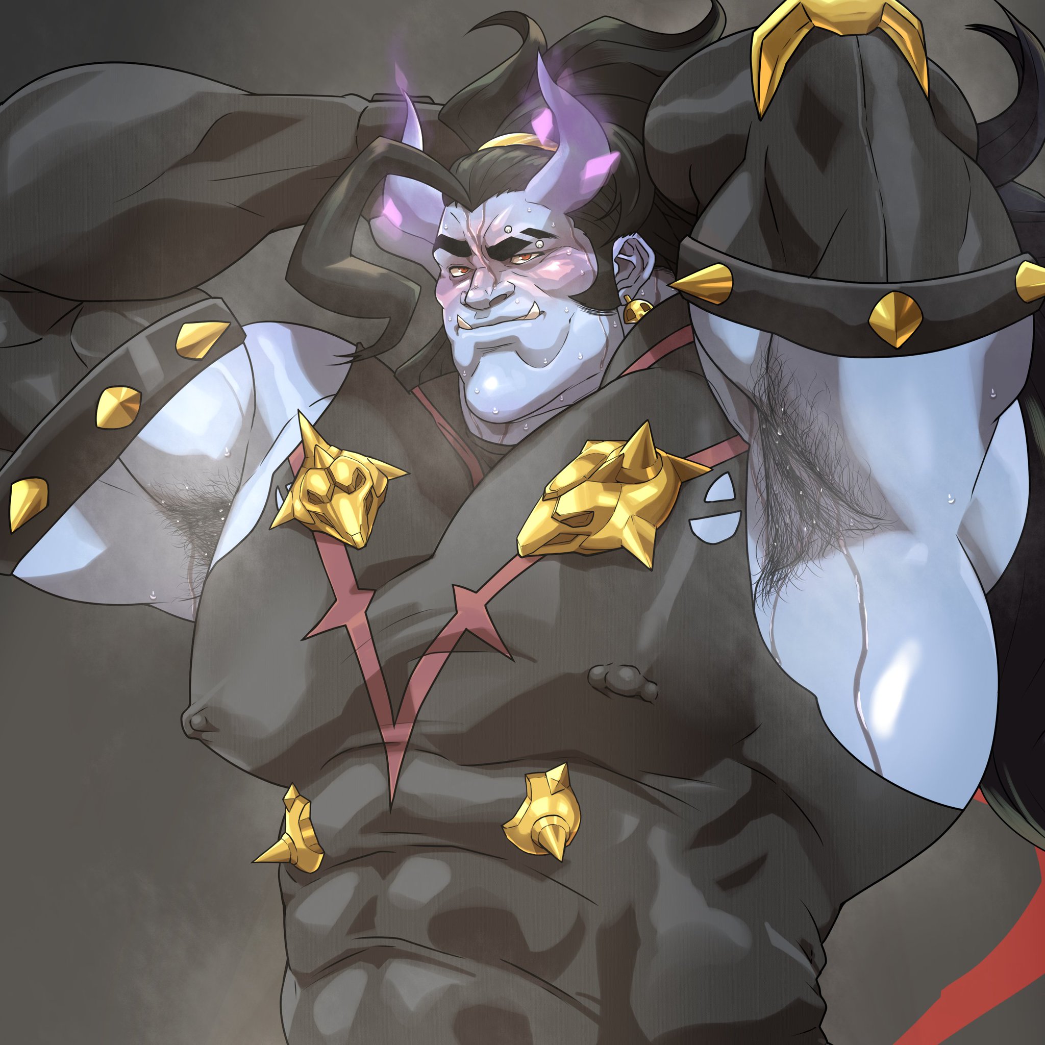 alternate costume, armpit, armpit hair, armpits, bara, demon, hands behind head, hitenmaru, horns, male, male only, mauga, muscles, muscular, musk, overwatch, solo, solo male, sweat, sweating, yaoi