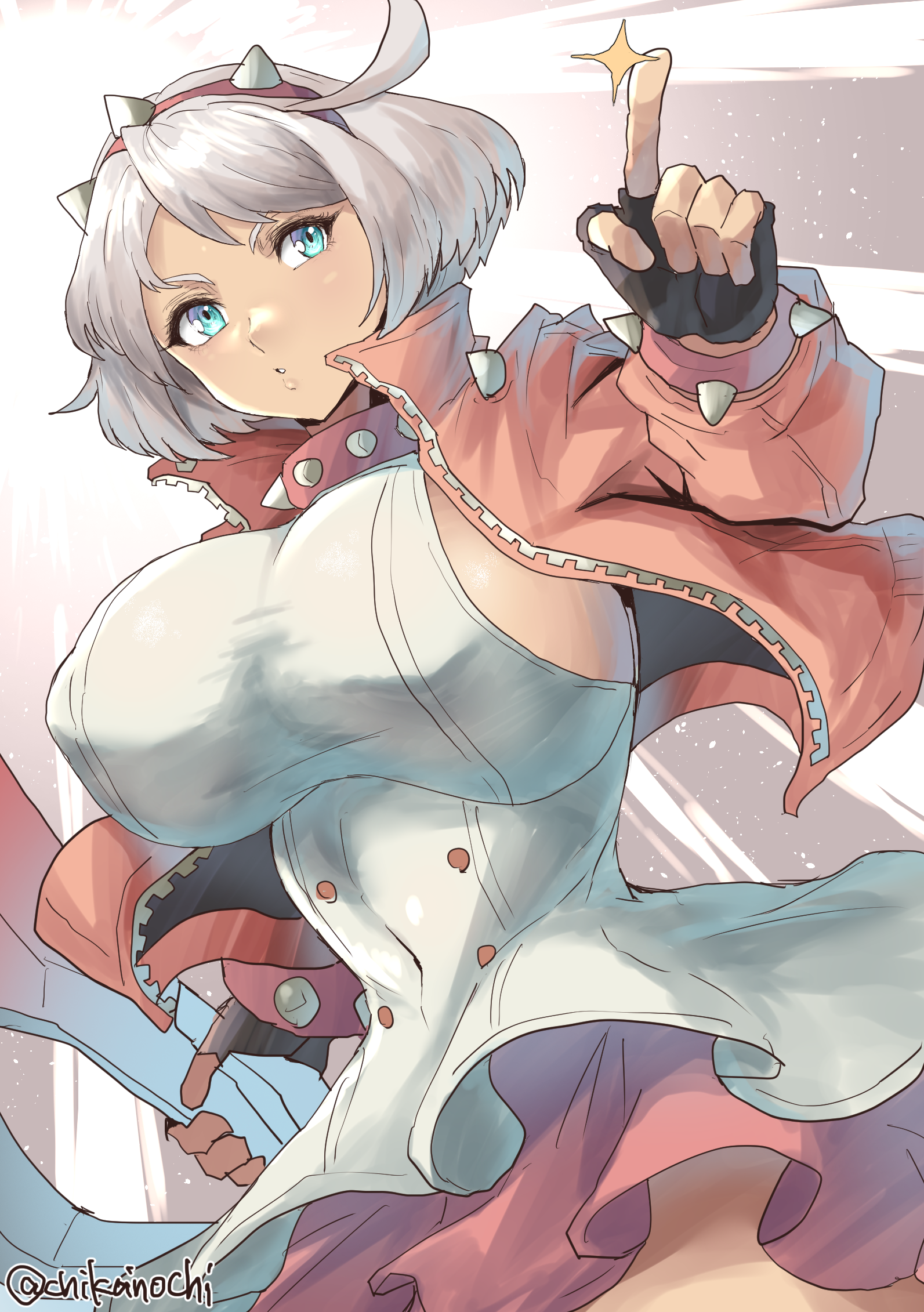 1girls, aqua eyes, artist signature, breasts, chikoinochi, collar, elphelt valentine, female, fully clothed, guilty gear, guilty gear strive, headband, highres, huge breasts, light skin, looking at viewer, pink jacket, short hair, sideboob, solo, white hair
