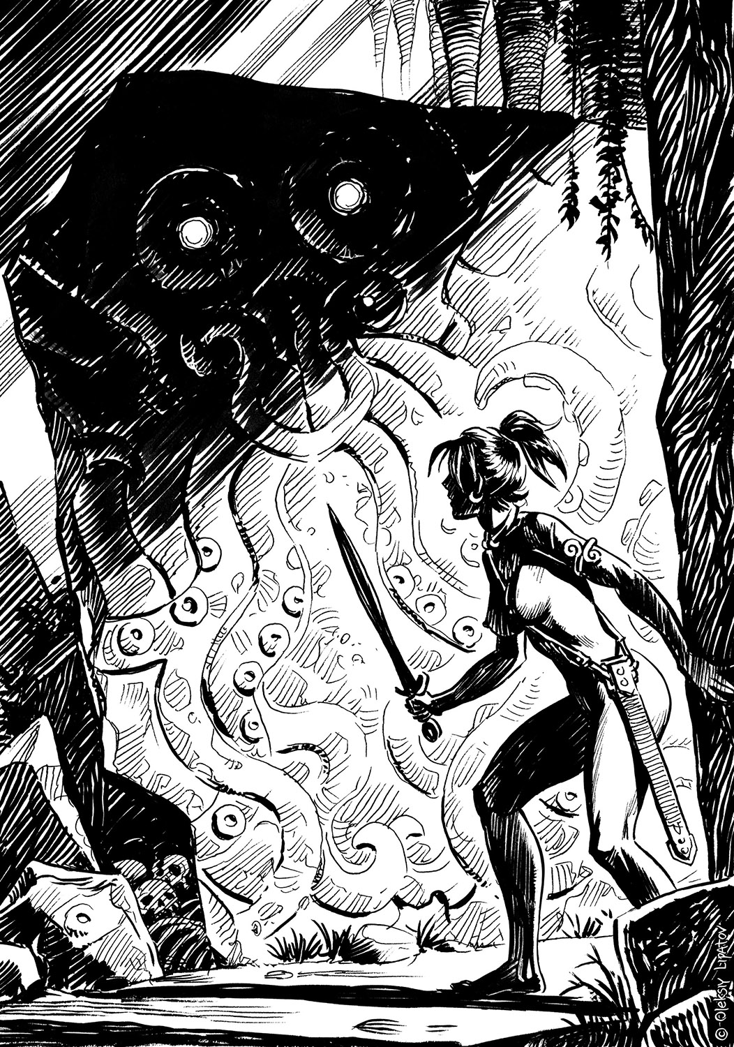 1girls action_pose amazon barefoot black_and_white breasts casual cave completely_nude female human lipatov monochrome nudist original pale_skin scabbard solo sword tactical_nudity warrior weapon