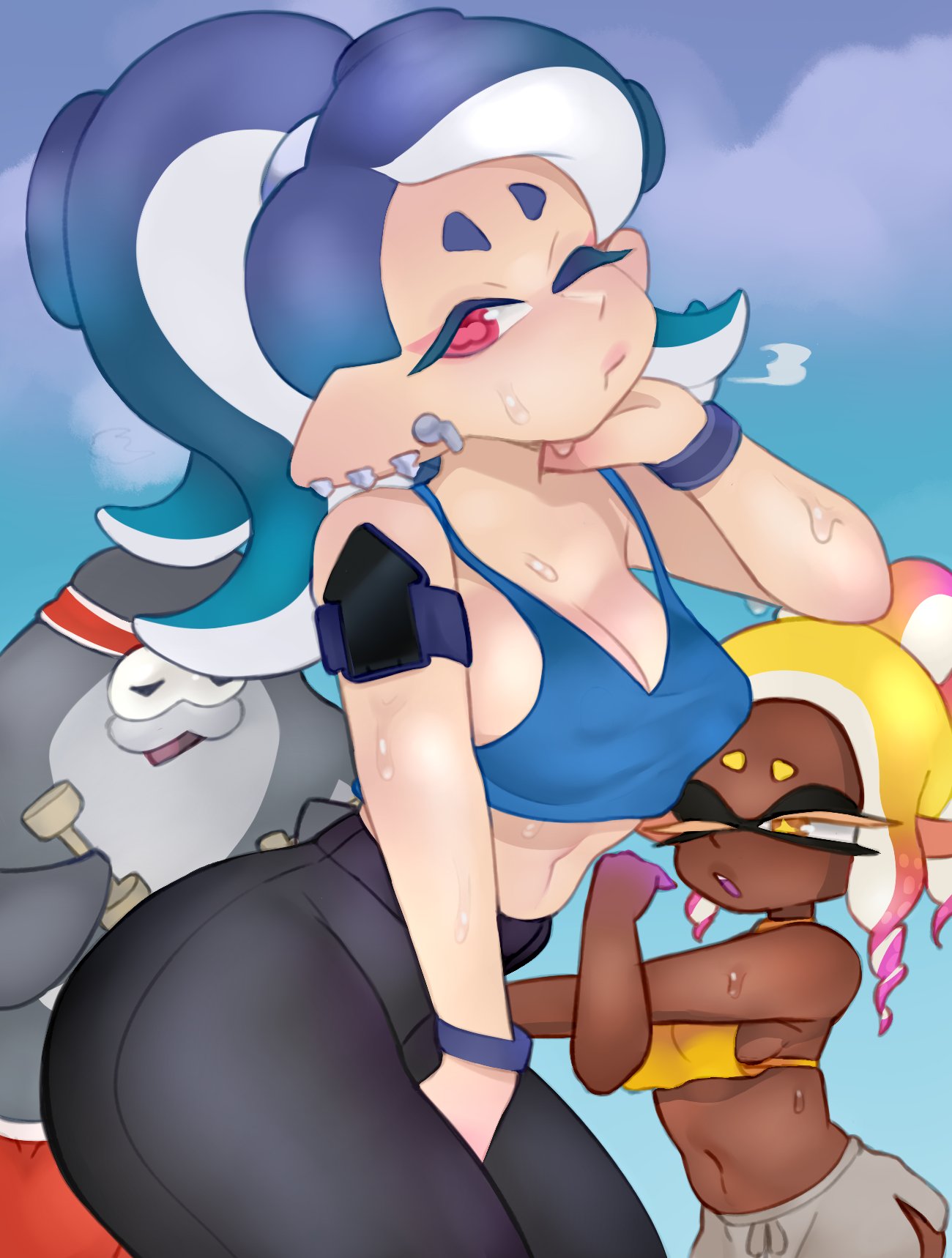 1boy, 2girls, ass, big man (splatoon), black pants, blue hair, breasts, cleavage, female, frye (splatoon), inkling, inkling girl, large breasts, looking at viewer, male, navel, nintendo, octoling, octoling girl, off the hook (splatoon), one eye closed, pants, pointy ears, ponytail, red eyes, shiver (splatoon), shorts, splatoon, splatoon (series), splatoon 3, sports bra, sportswear, stretching, sweat, tentacle hair, two-tone hair, vespbee, workout, workout clothes, yoga pants