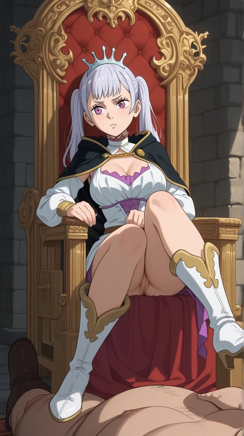 1boy, 1girls, ai generated, ass, bbm, big ass, black clover, boots, fat male, female, koihi, male, no panties, noelle silva, pussy, silver hair, teenage female, throne, twintails