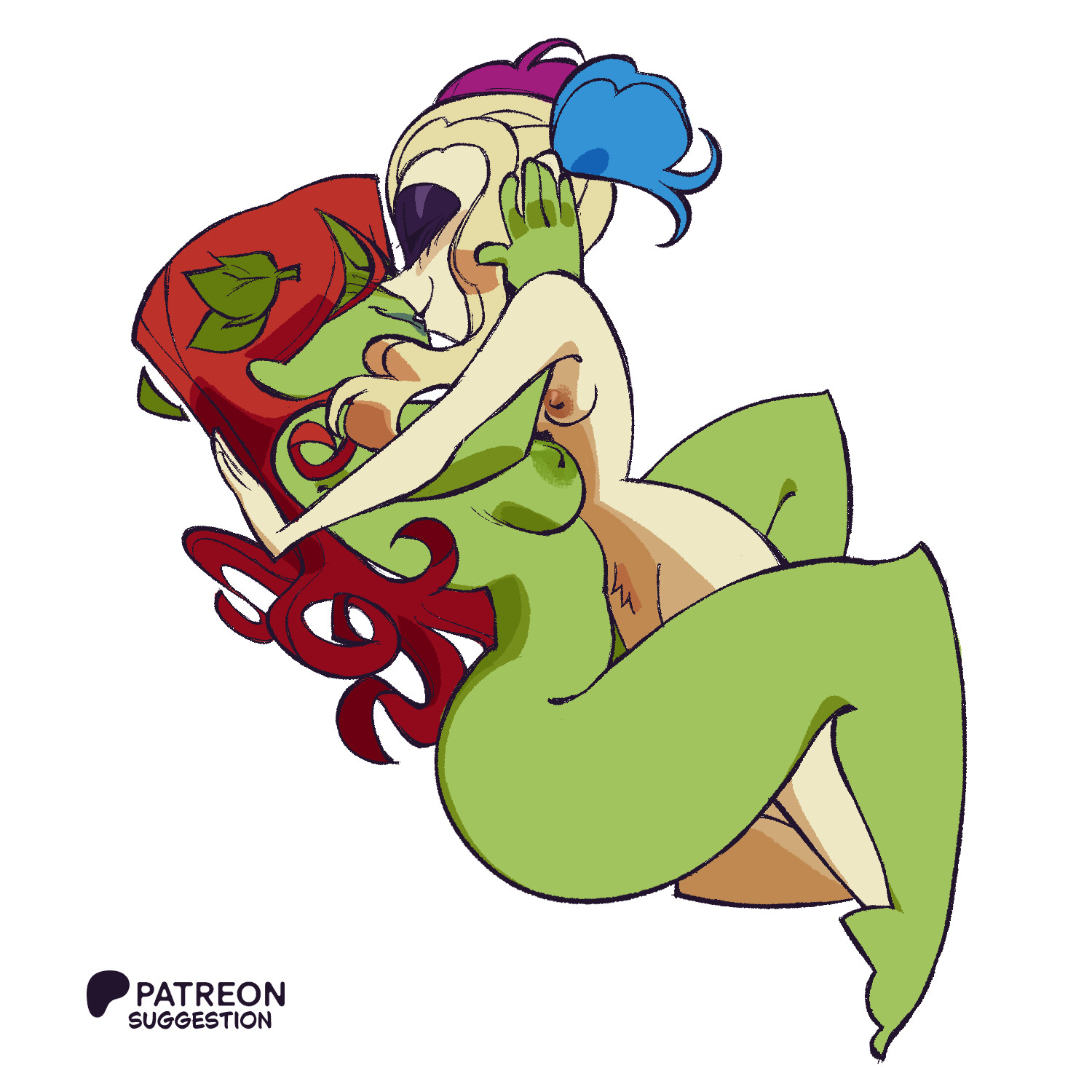 2girls, ass, breasts, dc, dc comics, embrace, female, female only, female/female, harley quinn, kissing, lesbian kiss, multiple females, multiple girls, naughtydimiletu, nude, nude female, poison ivy, pubic hair, tagme, text, yuri