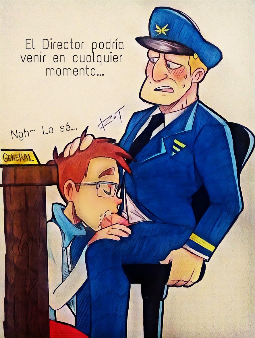2018 2boys blonde_hair blush blushing brown_hair clothed clothed_sex clothing duo el_general el_nerd fellatio gay genitals hand_on_head headwear huevocartoon male male/male male_only marcianos_vs._mexicanos oral_sex penis sitting sitting_on_chair spanish_text sweat sweatdrop text traditional_media_(artwork) yaoi