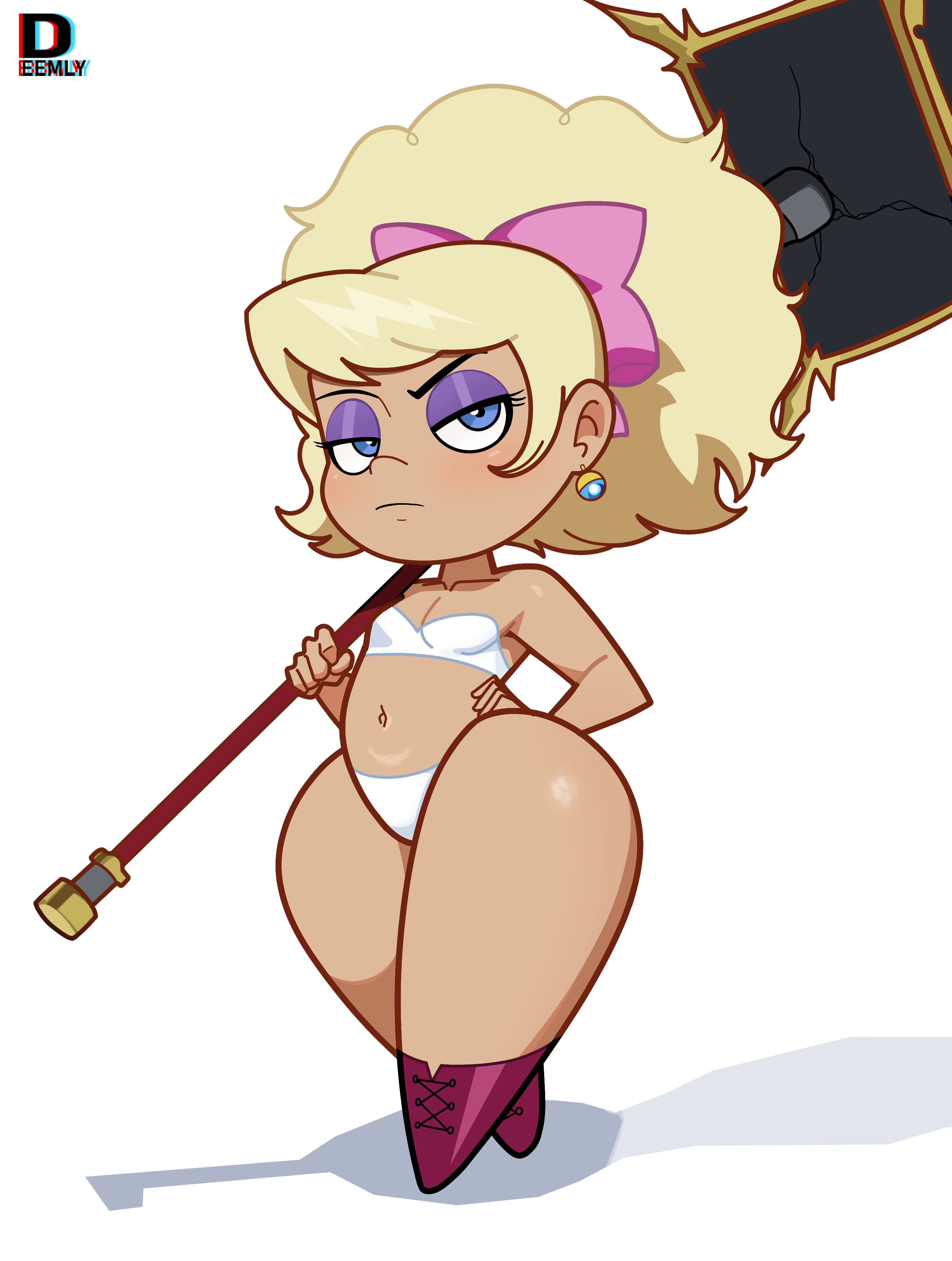 1girls, baby doll, batman (series), batman: the animated series, belly button, blonde female, blonde hair, blonde-haired female, blue eyes, bottom heavy, bow, budding breasts, clothing, dc, dc comics, dcau, deemlyart, ear ring, eyeshadow, female, female focus, female only, fluffy hair, hammer, human, looking at viewer, mary dahl, navel, pale skin, purple eyeshadow, short stack, shortstack, small breasts, thick, thick thighs, thighs, underwear, weapon, white background, wide hips