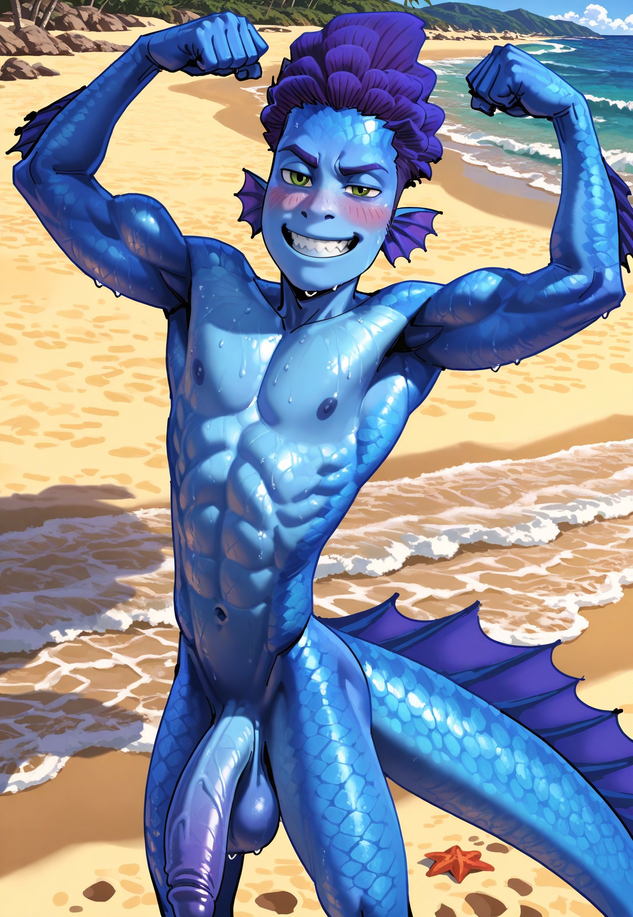 abs, aged up, ai generated, alberto scorfano, balls, bara, big balls, blue body, blush, cringe, fish boy, flexing, gay, glistening, grin, luca (pixar film), male, male only, monster boy, muscular, muscular male, nipples, pecs, pixar, scales, sideburns, wet, yaoi