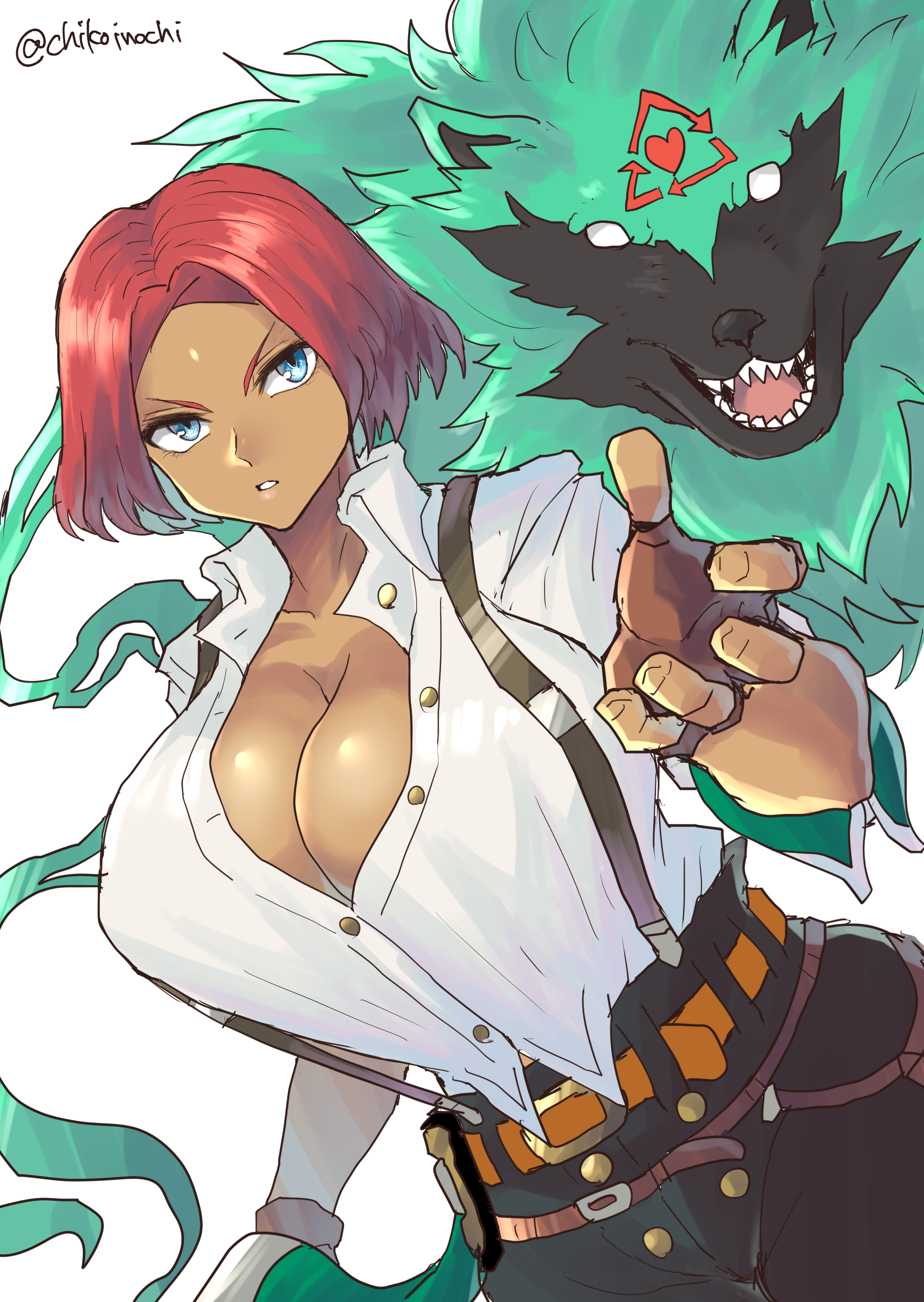 1girls, big breasts, blue eyes, brazilian, brazilian female, breasts, busty, chikoinochi, cleavage, curves, curvy, curvy body, dark skin, dark-skinned female, female, female only, fingerless gloves, giovanna (guilty gear), gloves, green fur, guilty gear, guilty gear strive, huge breasts, large breasts, red hair, rei (guilty gear), revealing clothes