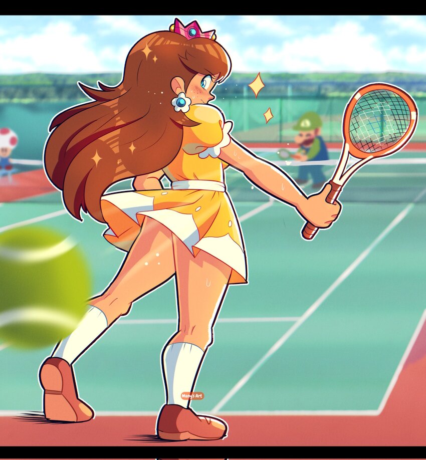 1girls, 2025, 2boys, 2d, 2d (artwork), annoyed, annoyed expression, ass, ass peek, blue overalls, brown hair, clothing, crown, dress lift, earrings, female, female focus, flower earrings, green hat, hat, highres, holding tennis racket, long hair, long socks, looking back, luigi, male, manys art, mario (series), mario tennis, mario tennis (n64), mushroom, mushroom humanoid, nintendo, outdoors, princess, princess daisy, royalty, shoes, socks, sparkles, sweat, sweating, tennis ball, tennis court, tennis racket, toad (mario), voluptuous, voluptuous female, white socks