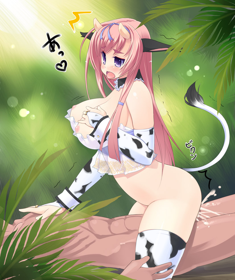 animal_ear breasts cow_accoutrements cow_ear cow_girl cow_print cowgirl_position cum elbow_gloves gloves huge_breasts lingerie long_hair pink_hair sex straddle tail thighhighs underwear