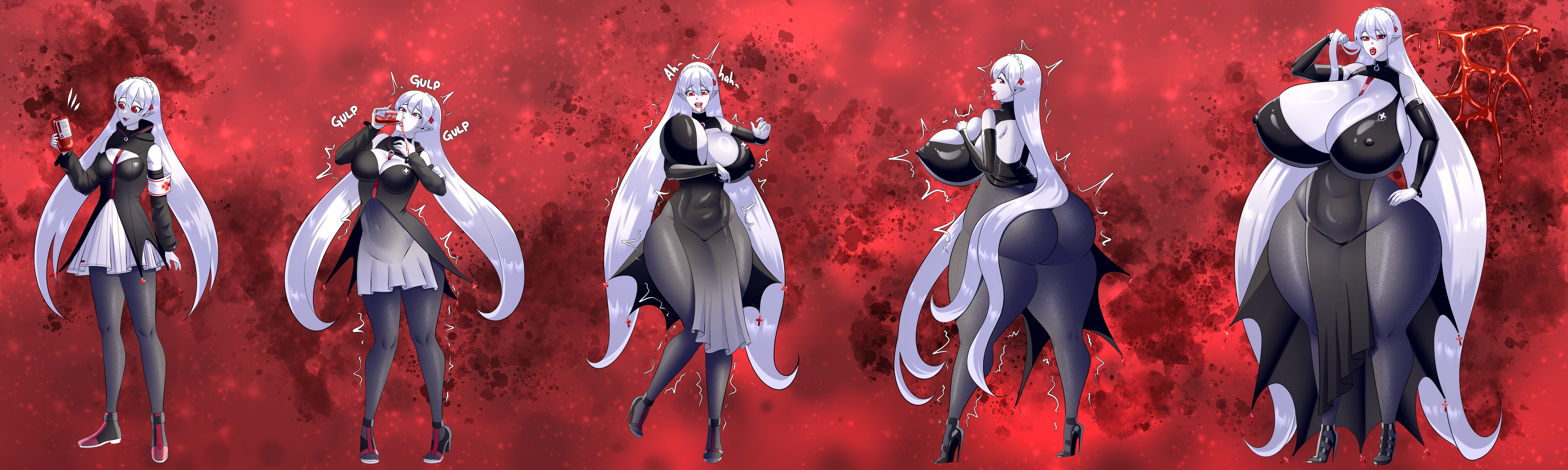 arknights, ass expansion, breast expansion, breast growth, breast growth (enlargement), breasts, female, huge breasts, keygii, long hair, long sleeves, pale skin, red eyes, thick thighs, thigh expansion, vampire, vampire girl, warfarin (arknights), white hair, wide hips