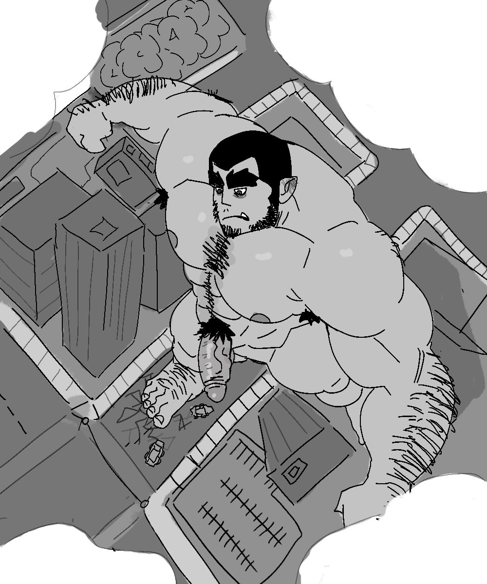 armpit_hair balls bara big_penis body_hair buildings crawdunk64 dom_(crawdunk64) facial_hair flaccid macro male male_only monochrome muscles muscular nude orc penis solo solo_male