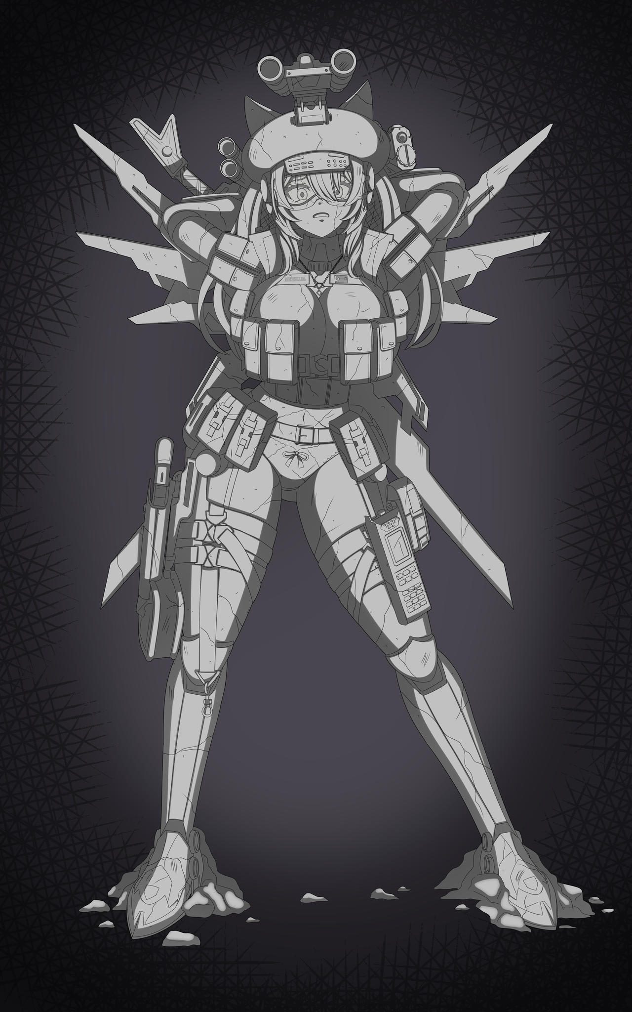 armor belt blush breasts cleavage eyeglasses female female_focus fingerless_gloves forest gloves greyscale hat helmet ill188 large_breasts long_hair looking_at_viewer monochrome navel nipples open_mouth petrification pouch scar simple_background solo statue stone_statue teeth torn_clothes weapon wide-eyed