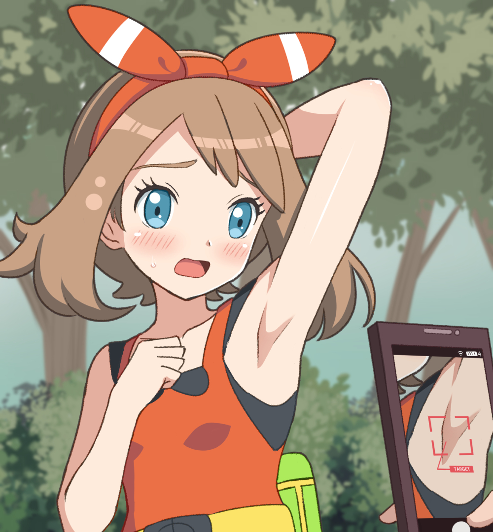 arm behind head, arm up, armpit fetish, armpit focus, armpits, bandana, blue eyes, blush, breasts, brown hair, collarbone, embarrassed, female, may (pokemon), medium hair, open mouth, outdoors, pokemon, red shirt, shiny skin, sleeveless shirt, small breasts, sweatdrop, taking picture, try200277, upper body