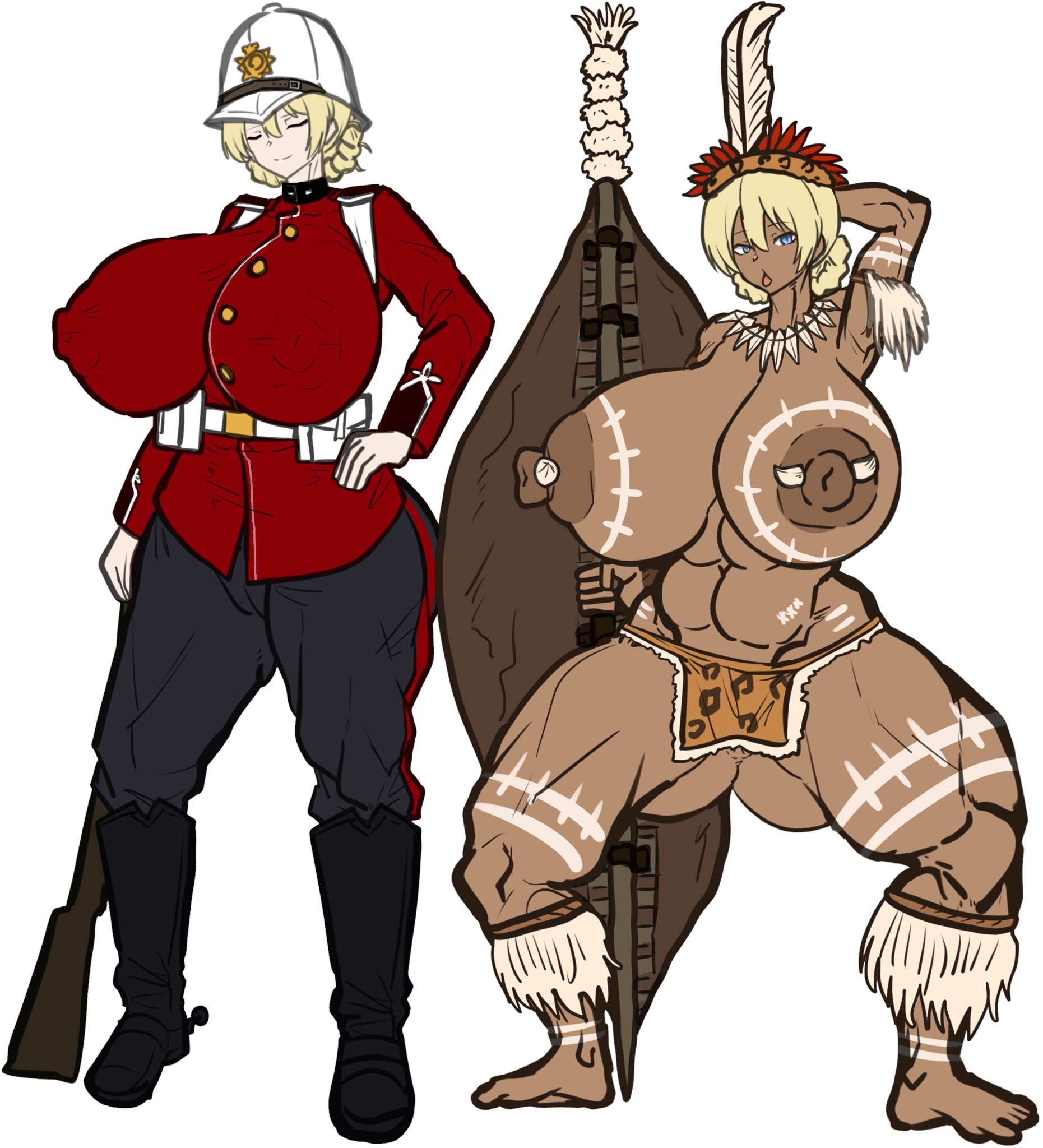 1girls, african, areolae, ass, before and after, big areola, big ass, big breasts, big nipples, bimbo, blonde hair, blue eyes, body modification, boots, breasts, british, cameltoe, closed eyes, defeated, defeated female, defeated heroine, defloration, enemy conversion, female, gun, hand behind head, hat, huge breasts, large areolae, large breasts, leopard, light skin, light-skinned female, medium hair, military hat, military uniform, muscular, nipple bulge, nipple piercing, nipples, nipples visible through clothing, open mouth, original, original character, piercing, plump, plump labia, ponytail, pussy, rifle, sex slave, shield, simple background, slave, slave girl, slavsegger, tan body, tattoo, thick thighs, thunder thighs, tight clothing, toned, toned female, tongue, tongue out, top heavy, transformation, tribal, tribal corruption, tribal markings, tribal tattoo, venus body, voluptuous, voluptuous female, weapon, white background, wide hips