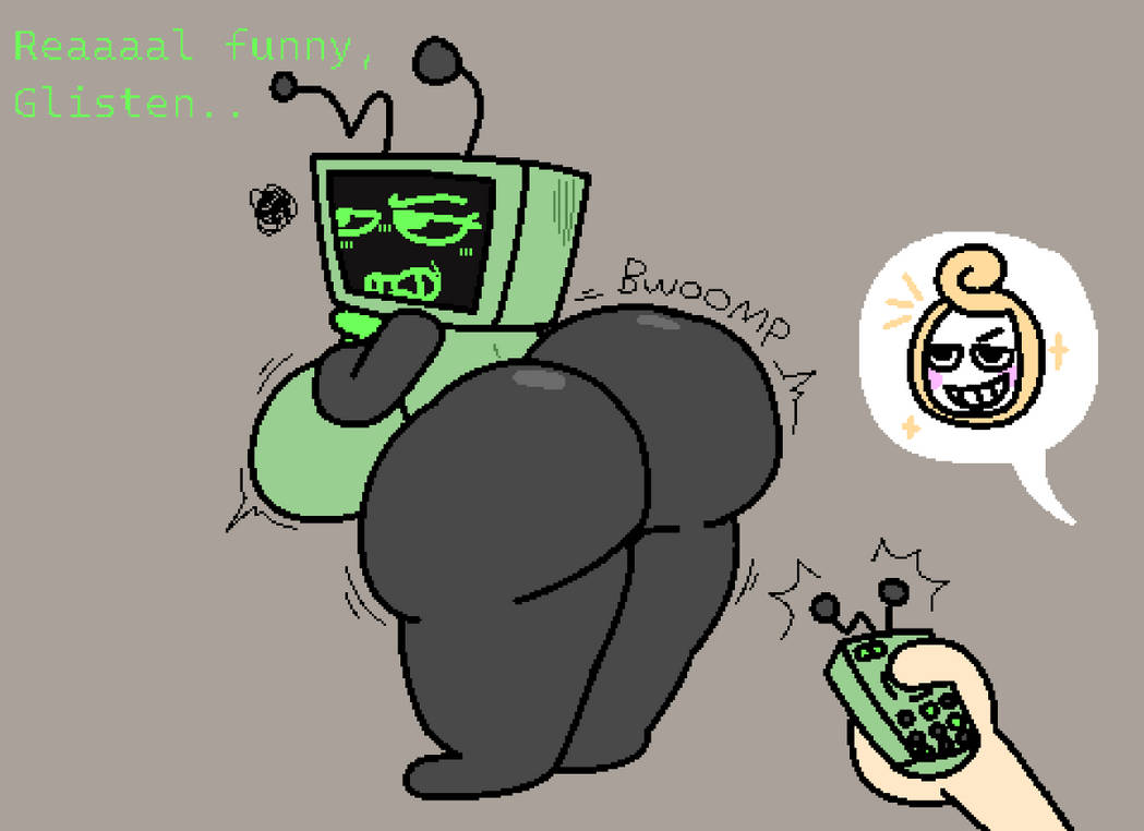 1boy, 1girls, annoyed, ass, ass expansion, big ass, big breasts, breast expansion, breast growth, breast growth (enlargement), breasts, cooluthink, dandy's world, female, glisten (dandy's world), male, remote, robot, robot girl, screen face, smug, tagme, vee (dandy's world)