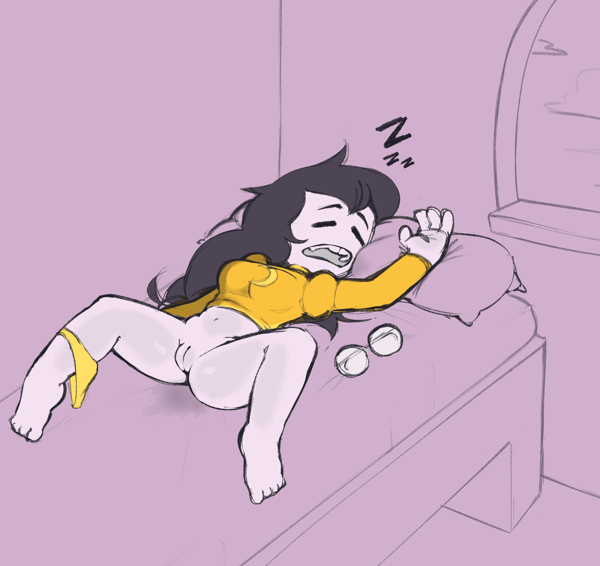 bottomless, exposed, exposed pussy, female, homestuck, jade harley, laying down, laying on back, laying on bed, legs apart, panties, panties around one leg, pineapalooza, pussy, pussy juice, sleeping, wet dream, yellow panties