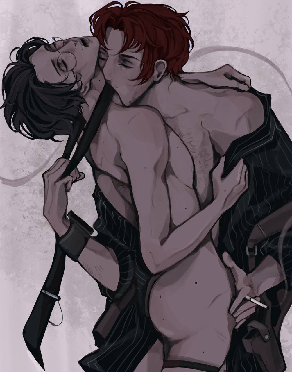 2boy 2boys 2male ango_sakaguchi athletic athletic_male black_hair black_hair_male black_shirt bungo_stray_dogs bungou_stray_dogs cigar cigarette cigarette_smoke color colored colour coloured dark_hair dark_hair_male dress_shirt duo duo_focus duo_male eyes_closed eyes_closing fit_male glasses holding holding_cigarette holding_object light light-skinned light-skinned_male light_skin male male/male male_focus male_on_male male_only mouth_open muscles muscular muscular_male no_text oda_sakunosuke open_mouth pale pale-skin pale-skinned pale-skinned_male pale_skin partial_nude partial_nudity partially_clothed partially_clothed_male partially_nude partially_undressed red_hair redhair redhead round_glasses sakaguchi_ango simple_background skinny skinny_male skinny_waist smoke striped striped_clothing striped_shirt stripes undressing
