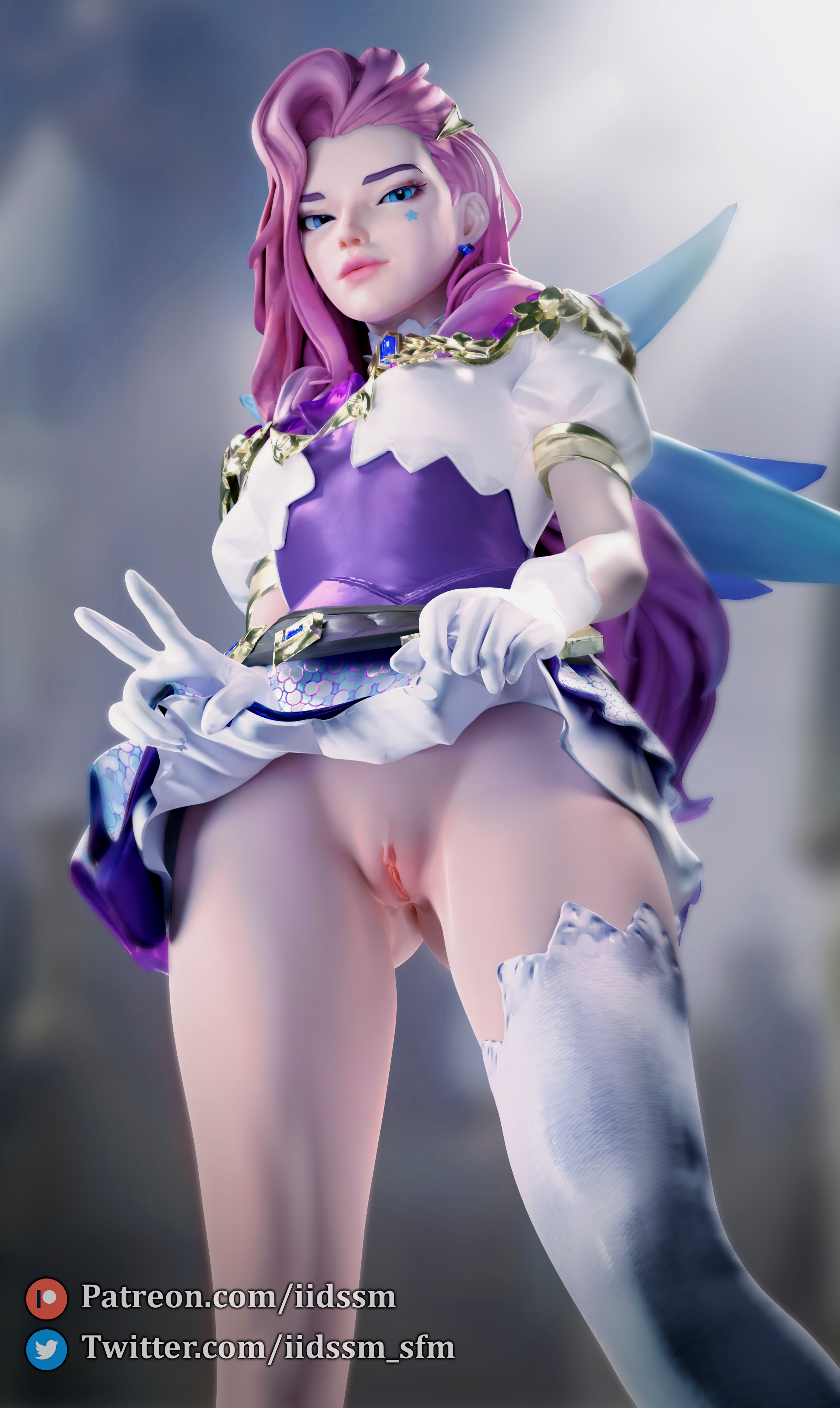 big thighs, blue eyes, breasts, female, female only, iidssm sfm, league of legends, light skin, light-skinned female, long hair, looking at viewer, naked, naked female, nude, nude female, pink hair, pink lipstick, pussy, seraphine (league of legends), small breasts, solo, thick thighs, thighs, upskirt